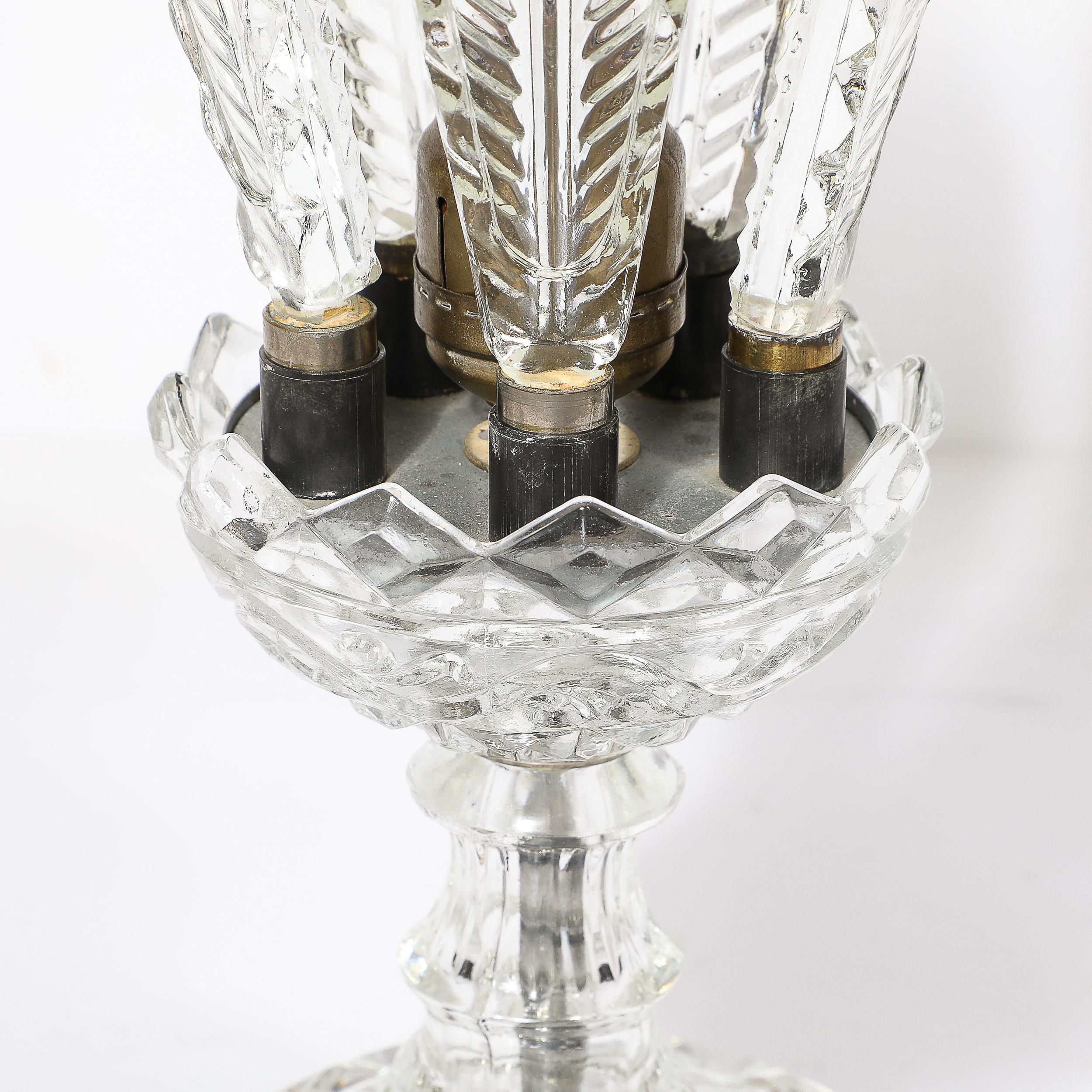 Mid-20th Century Hollywood Style Cut & Pressed Murano Glass Leaf Form Table Lamp W/ Etched Detail For Sale