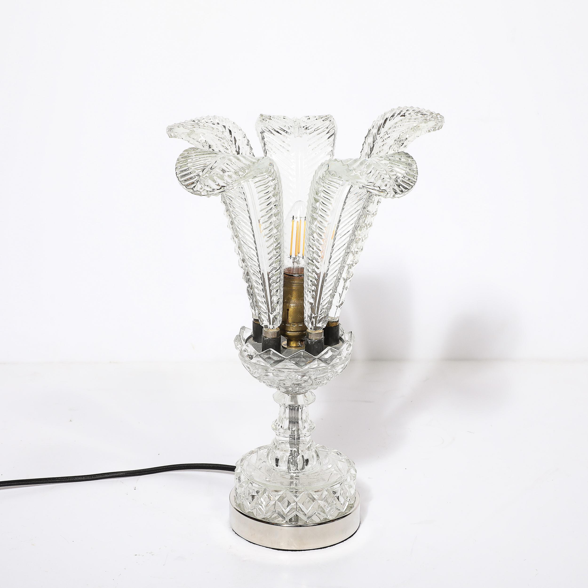 Hollywood Style Cut & Pressed Murano Glass Leaf Form Table Lamp W/ Etched Detail For Sale 1