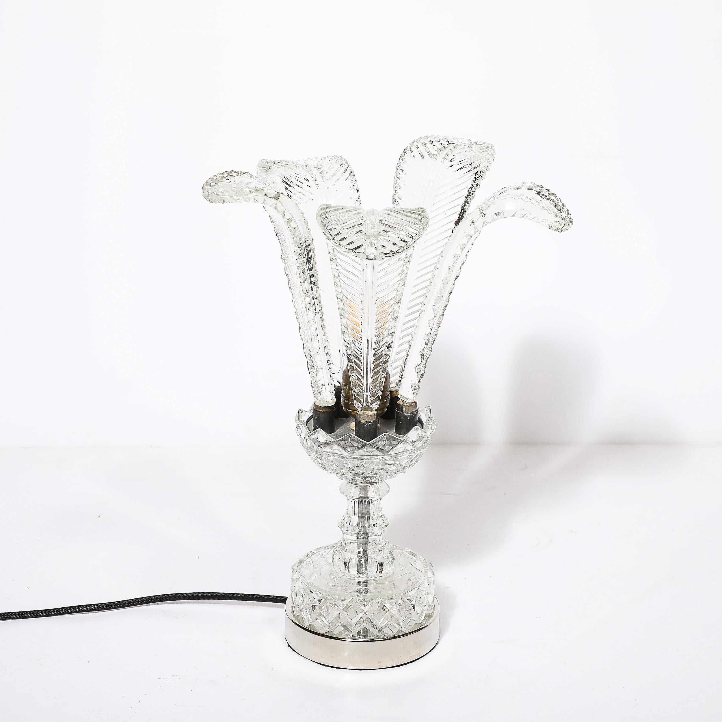Hollywood Style Cut & Pressed Murano Glass Leaf Form Table Lamp W/ Etched Detail For Sale 2