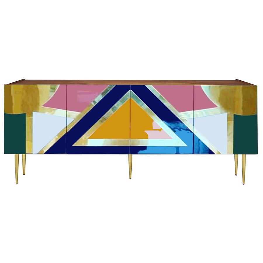 21st Century Art Deco High Gloss Lacquered and Brass Yucatan Sideboard Handmade For Sale
