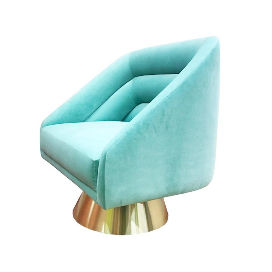 European Midcentury Modern Velvet and Brass Chicago Swivel Accent Chair Handcrafted  For Sale