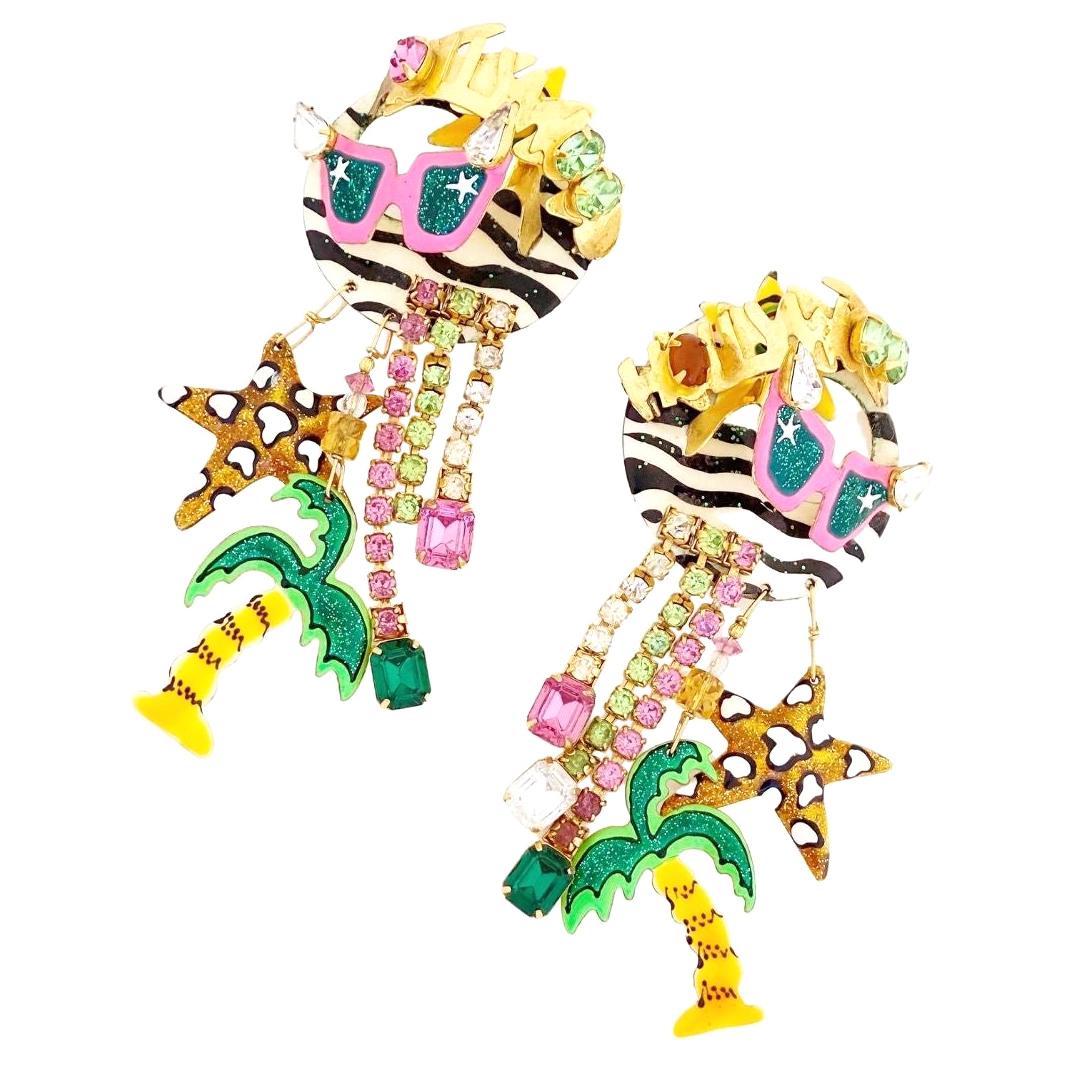 Hollywood Themed Enamel Dangle Statement Earrings By Lunch At The Ritz, 1980s