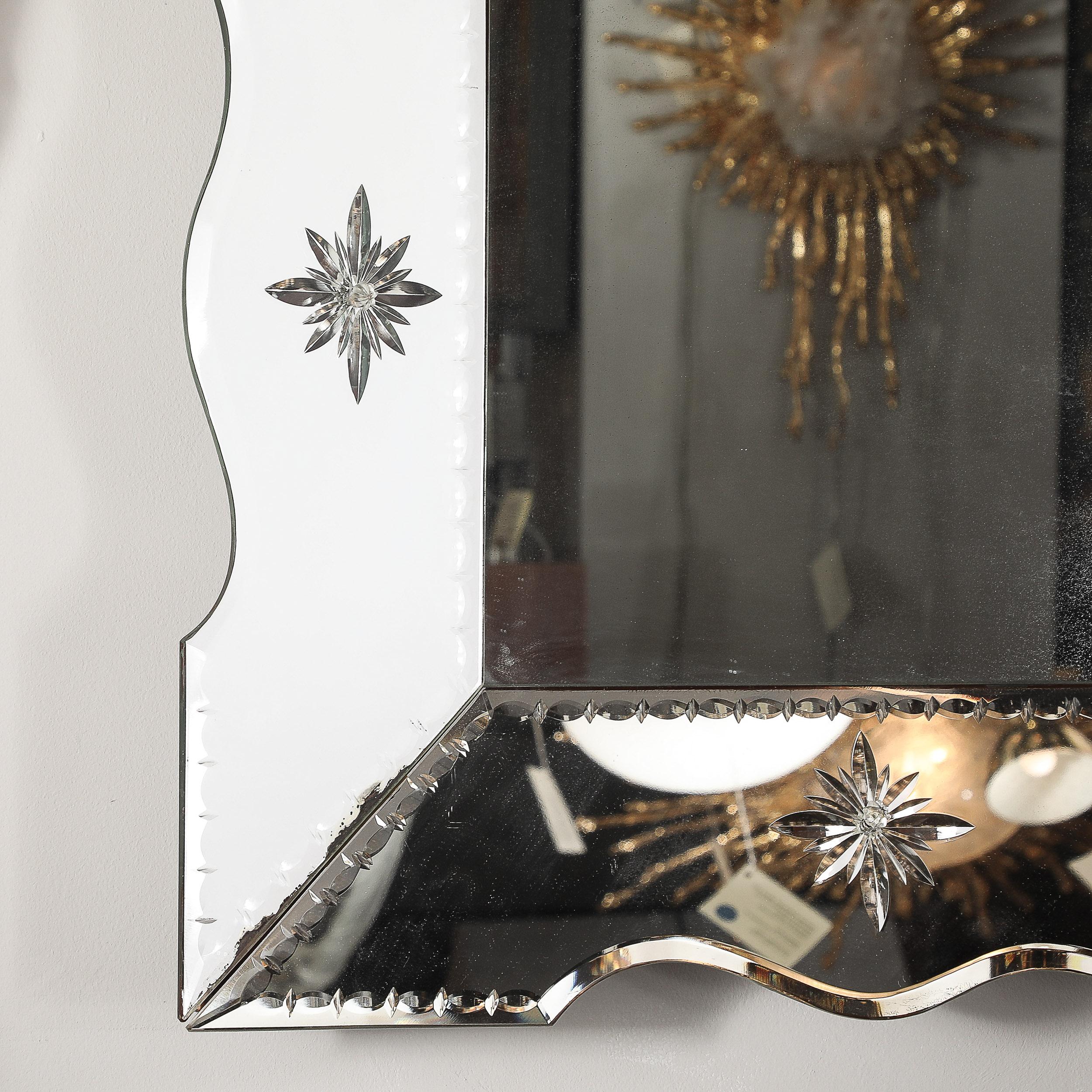American Hollywood Venetian Glass Scalloped Shadowbox Beveled Mirror W/ Reversed Etching For Sale