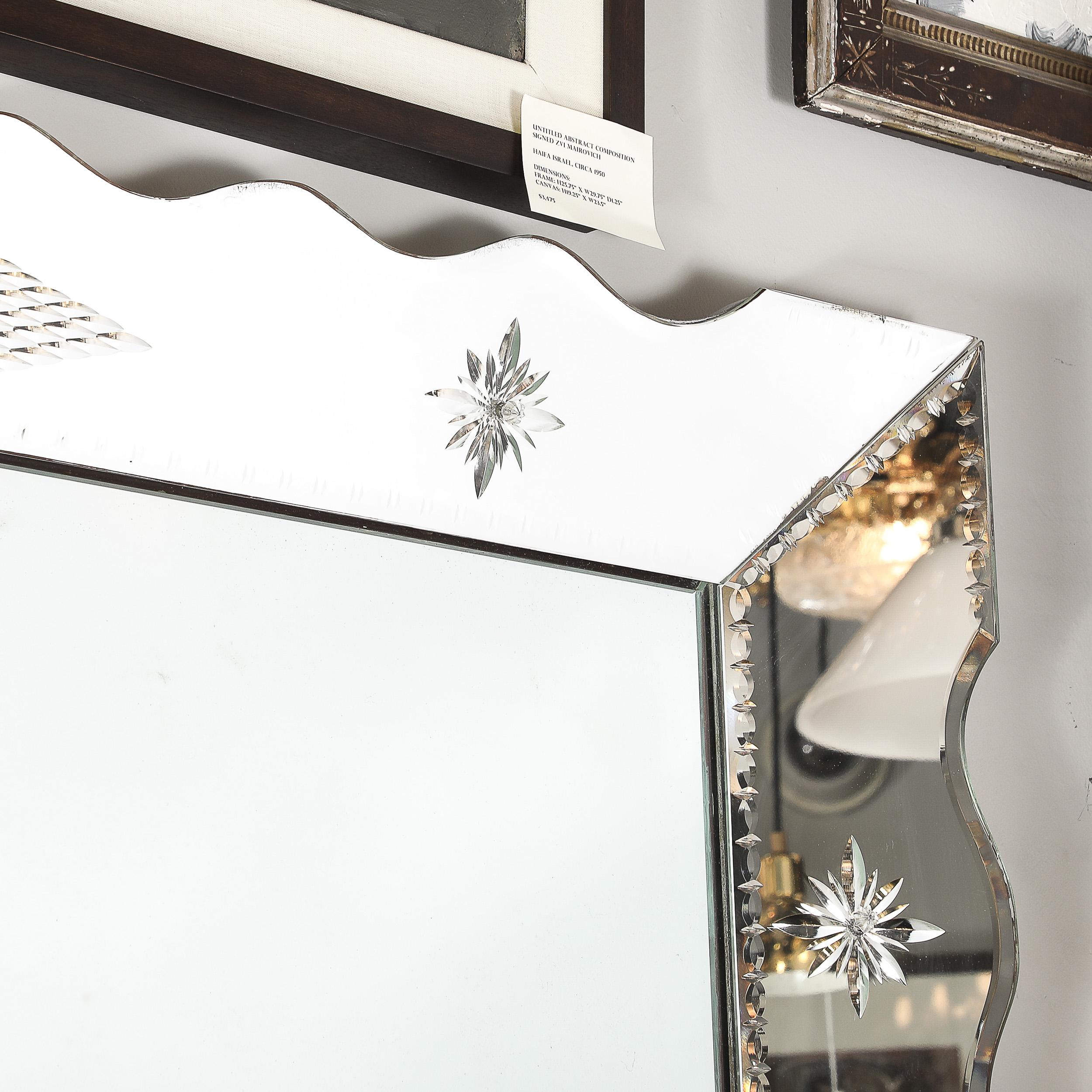 Hollywood Venetian Glass Scalloped Shadowbox Beveled Mirror W/ Reversed Etching For Sale 1