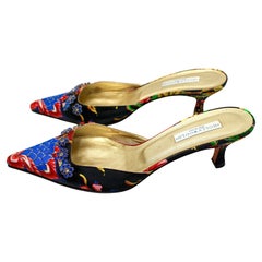 Hollywould Floral Silk Mule Kitten Heels With Crystal Embellishments circa Y2K