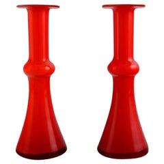 Holmegaard / Kastrup, Two Carnaby Vases in Red Mouth Blown Art Glass, 1960s.