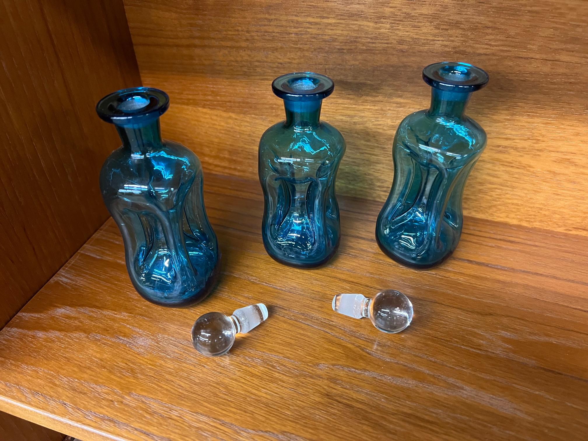 Mid-Century Modern Holmegaard Kluk Kluk Blue Glass Decanter with Stopper Set of 3 Danish For Sale
