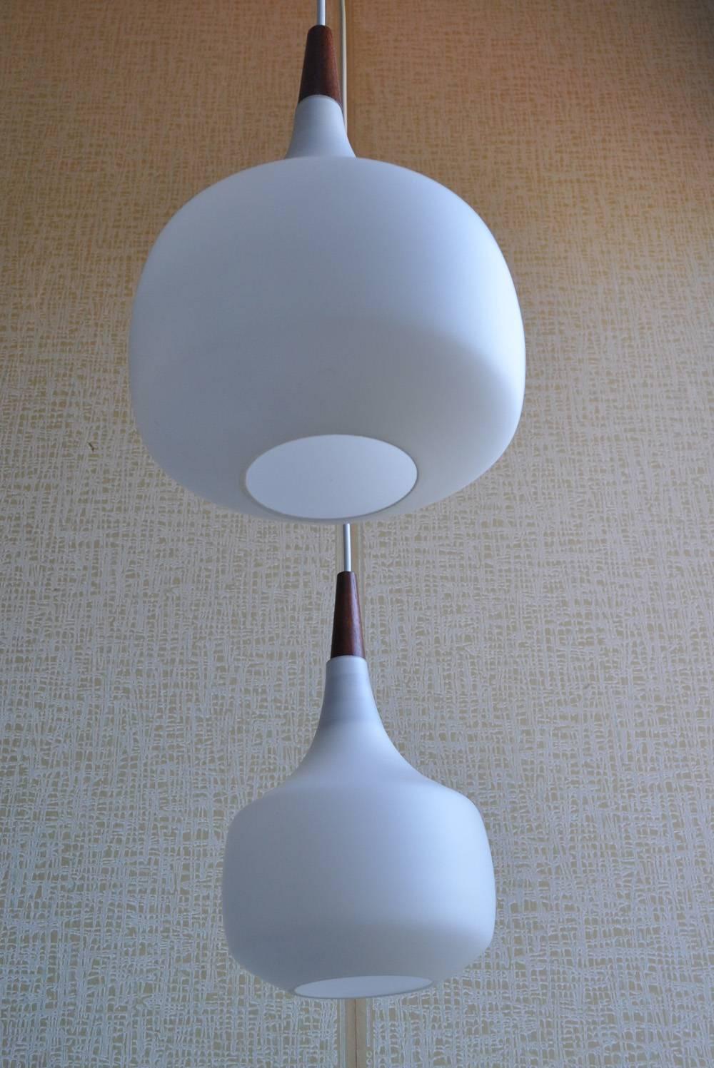 Danish Holmegaard Minimalistic Hanging Lamp in Opaline Glass and Teak, Set of Two