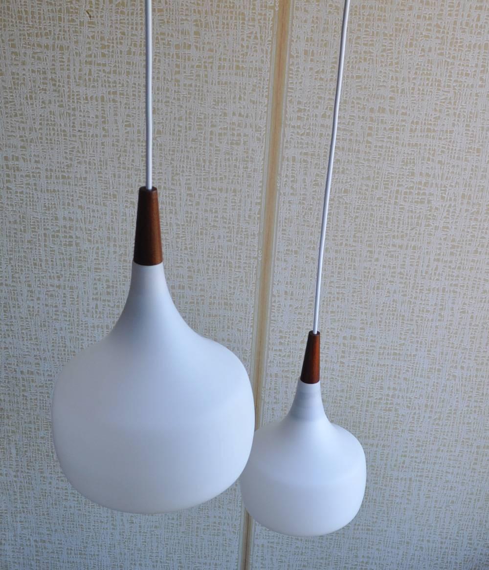 20th Century Holmegaard Minimalistic Hanging Lamp in Opaline Glass and Teak, Set of Two