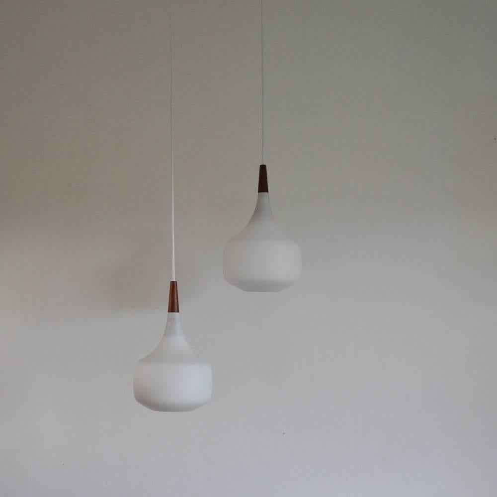 Holmegaard Minimalistic Hanging Lamp in Opaline Glass and Teak, Set of Two 1