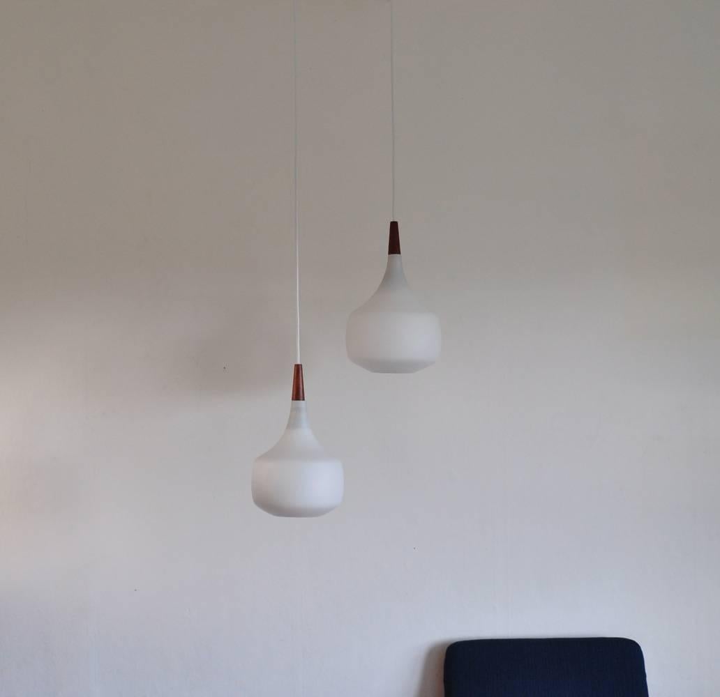 Holmegaard Minimalistic Hanging Lamp in Opaline Glass and Teak, Set of Two 2