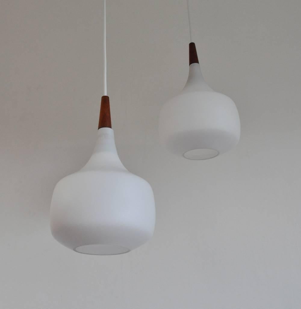 Holmegaard Minimalistic Hanging Lamp in Opaline Glass and Teak, Set of Two 3
