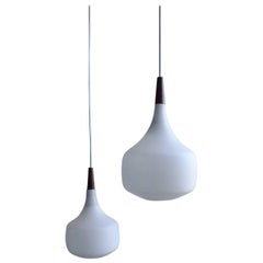 Holmegaard Minimalistic Hanging Lamp in Opaline Glass and Teak, Set of Two