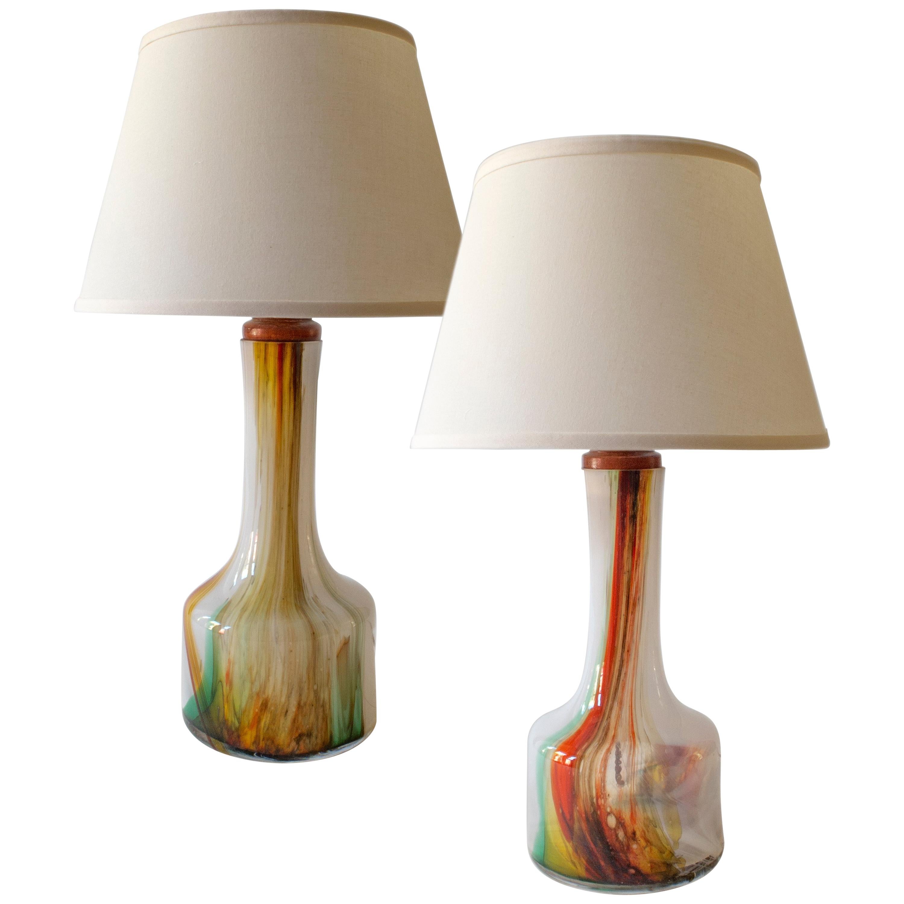 Holmegaard, Pair of Danish Polychromatic Case Glass and Teak Table Lamps