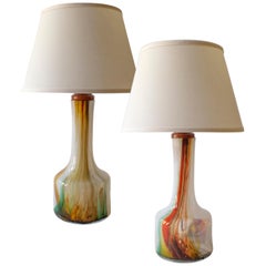 Vintage Holmegaard, Pair of Danish Polychromatic Case Glass and Teak Table Lamps