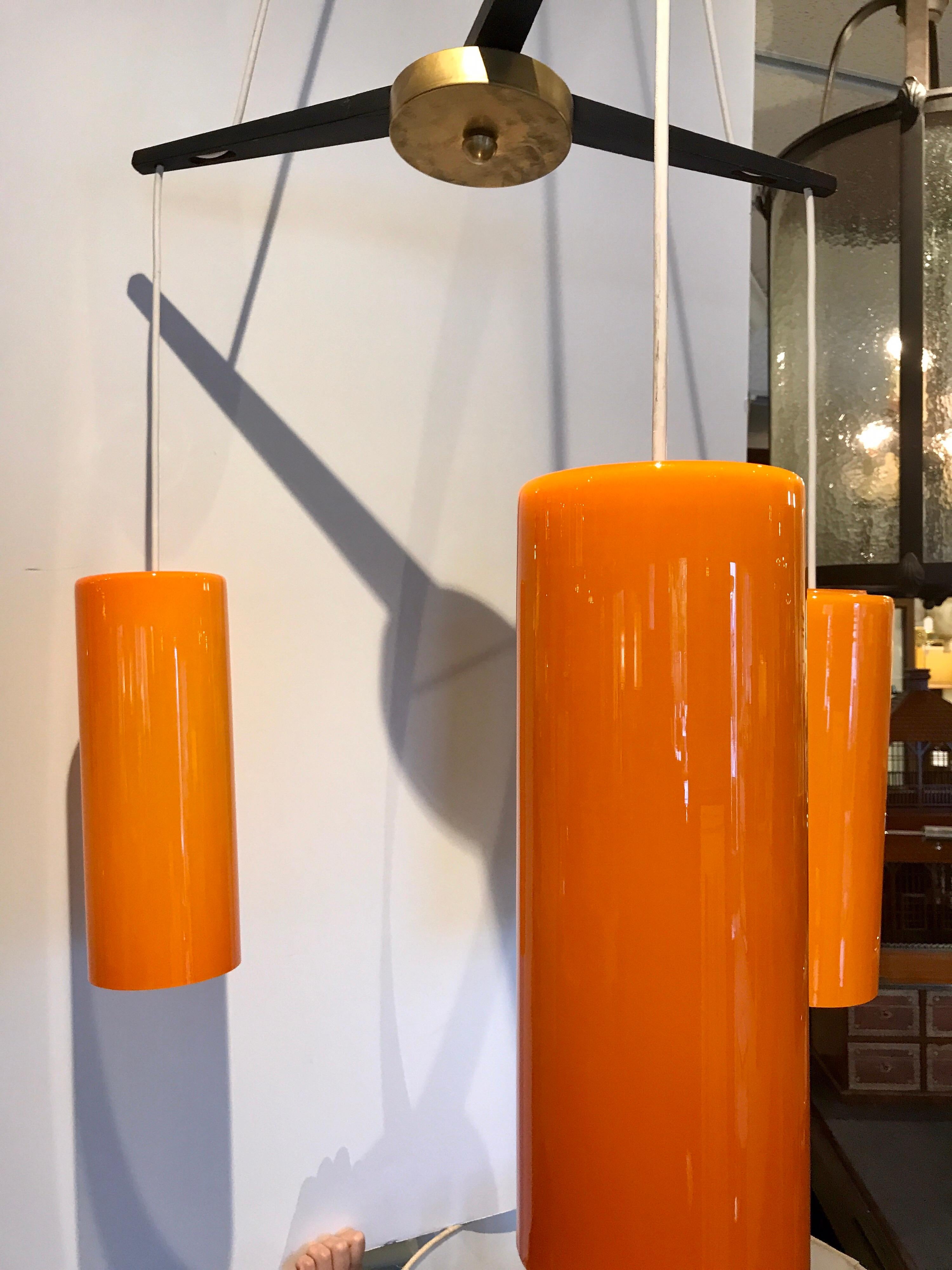 Holmegaard Three-Light Chandelier, in Orange In Good Condition For Sale In Atlanta, GA