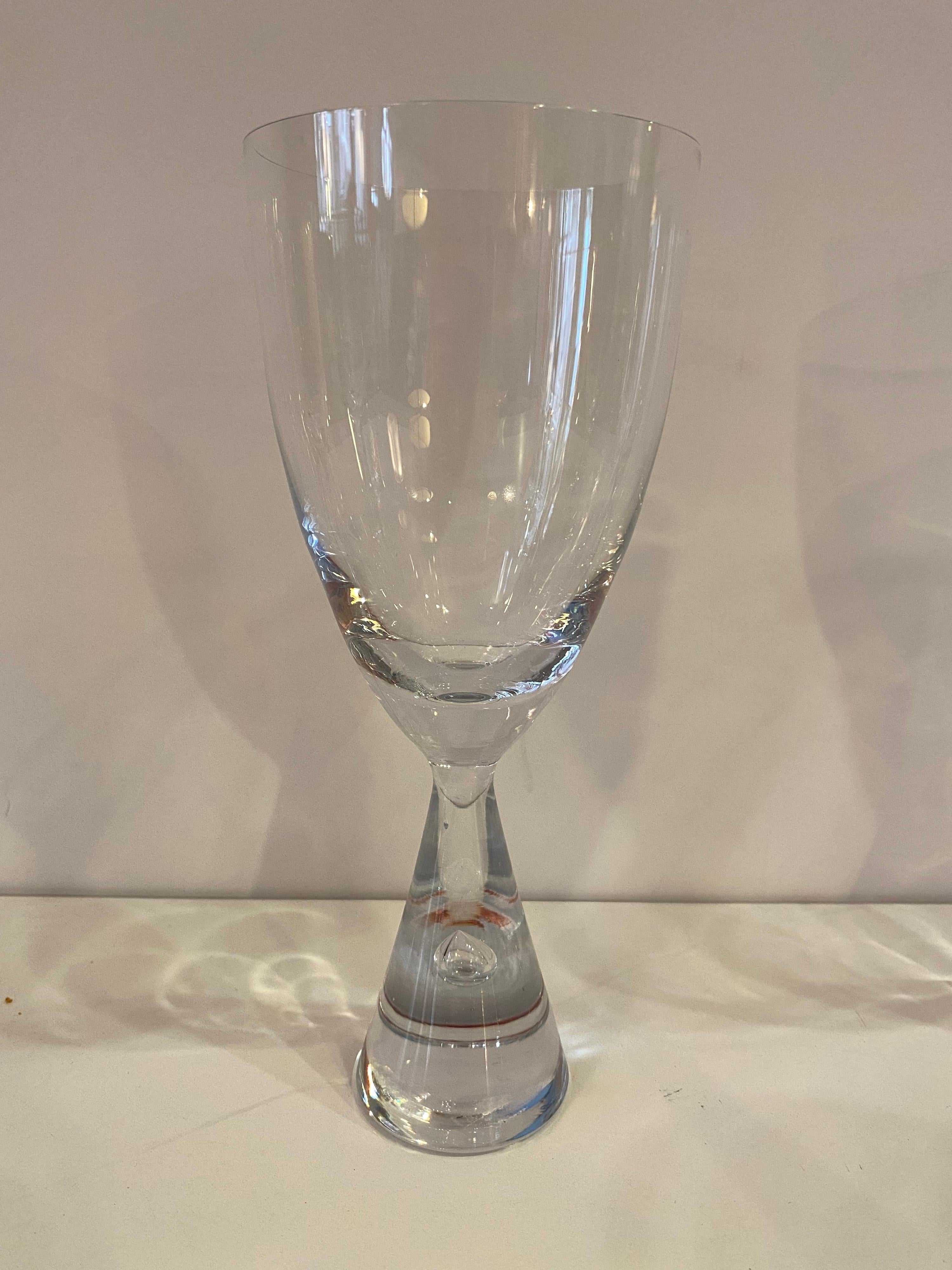 Holmegaard set of 6 water glasses. Triangular base with an inner bubble. Beautiful Classic Swedish design!