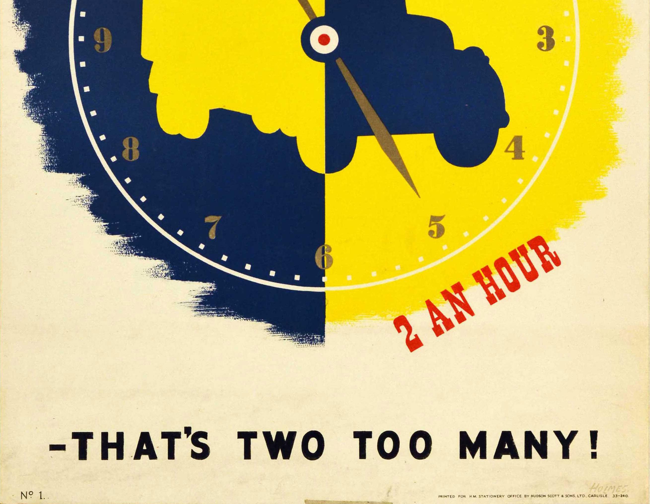 Poster originale d'epoca sulla sicurezza stradale - Gli incidenti stradali nella Royal Air Force sono in media 2 all'ora: due di troppo! - con un grande disegno grafico che raffigura il quadrante di un orologio su uno sfondo giallo e blu sfumato con
