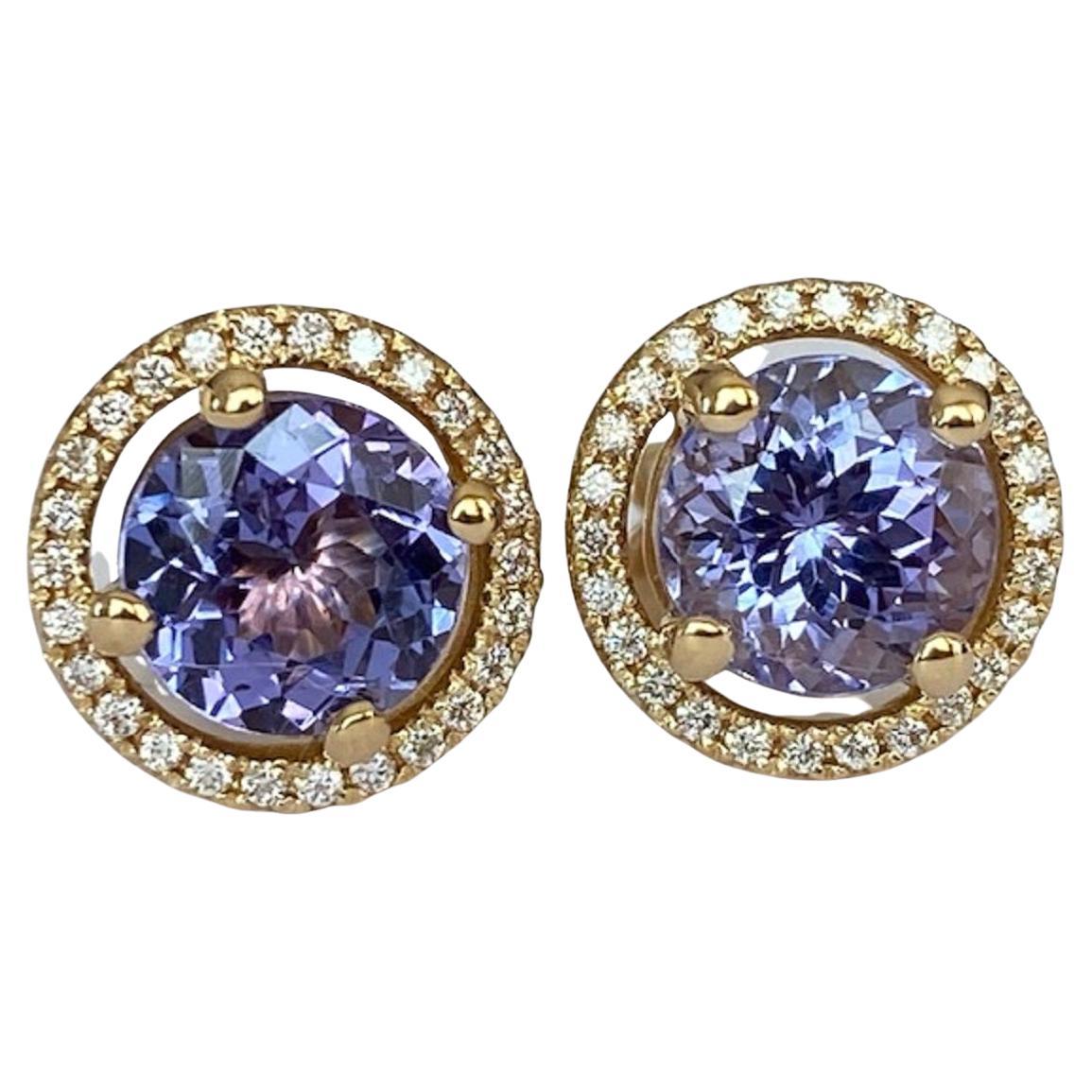 HALO ear studs 18 KT in yellow gold, with two pieces of tanzanite and diamonds For Sale