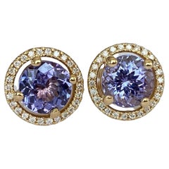 Boucles d'oreilles HALO 18 KT en or jaune, avec deux pièces de tanzanite et diamants