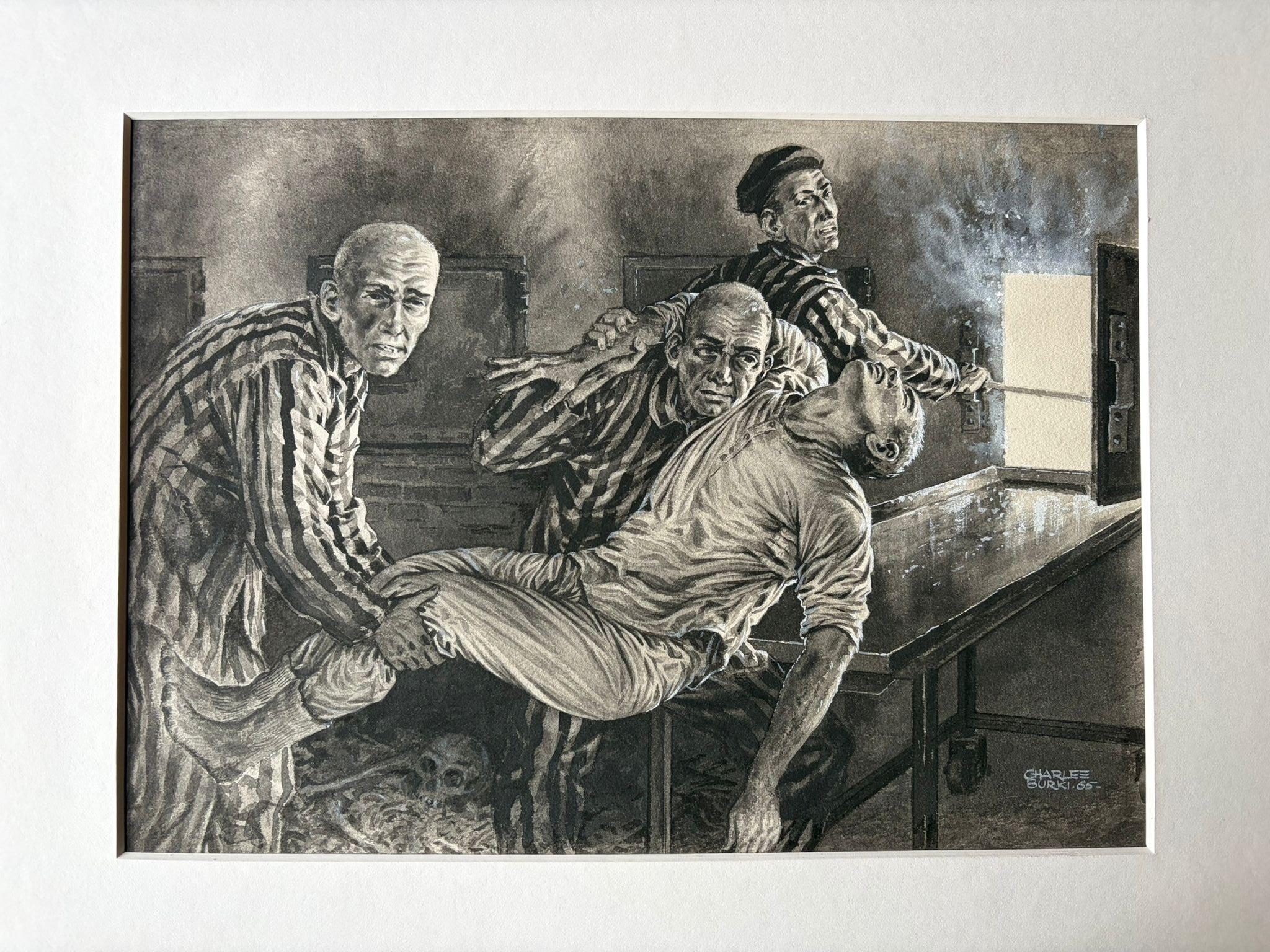 Scena del campo di prigionia dell'Olocausto di Charles Burki, 1965 - Potente illustrazione del tempo di guerra

Questa struggente gouache originale di Charles Burki (1909-1994), firmata e datata 1965, è una delle opere più emotivamente cariche e
