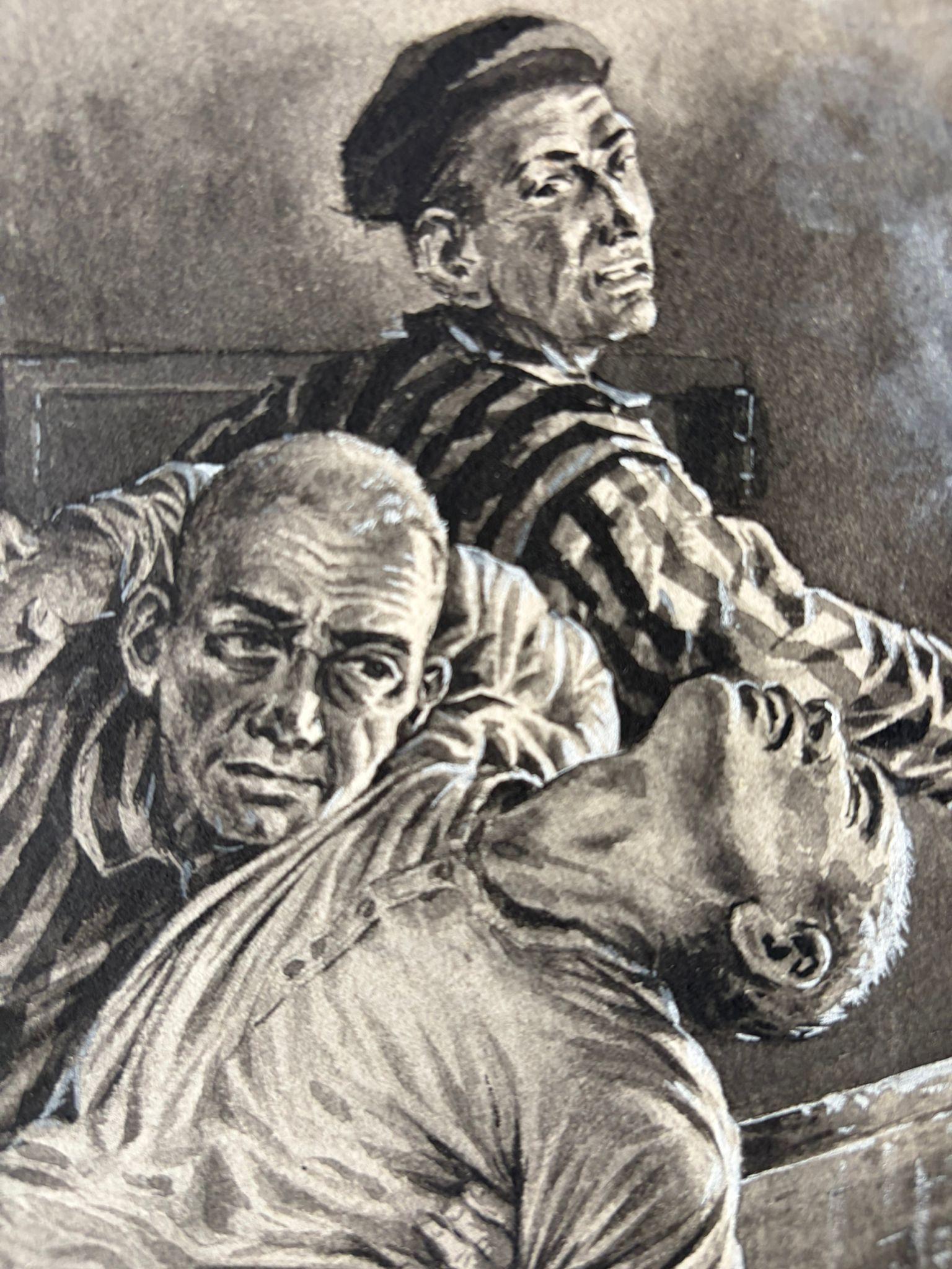 Olandese Scena del campo di prigionia dell'Olocausto di Charles Burki, 1965 - Potente illustrazione di guerra in vendita