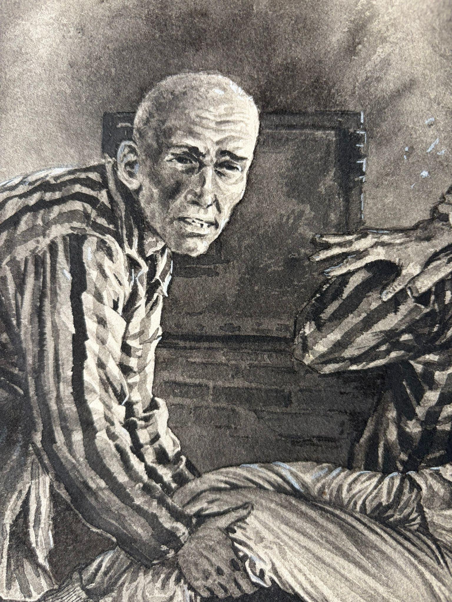 Scena del campo di prigionia dell'Olocausto di Charles Burki, 1965 - Potente illustrazione di guerra In condizioni buone in vendita a Langweer, NL