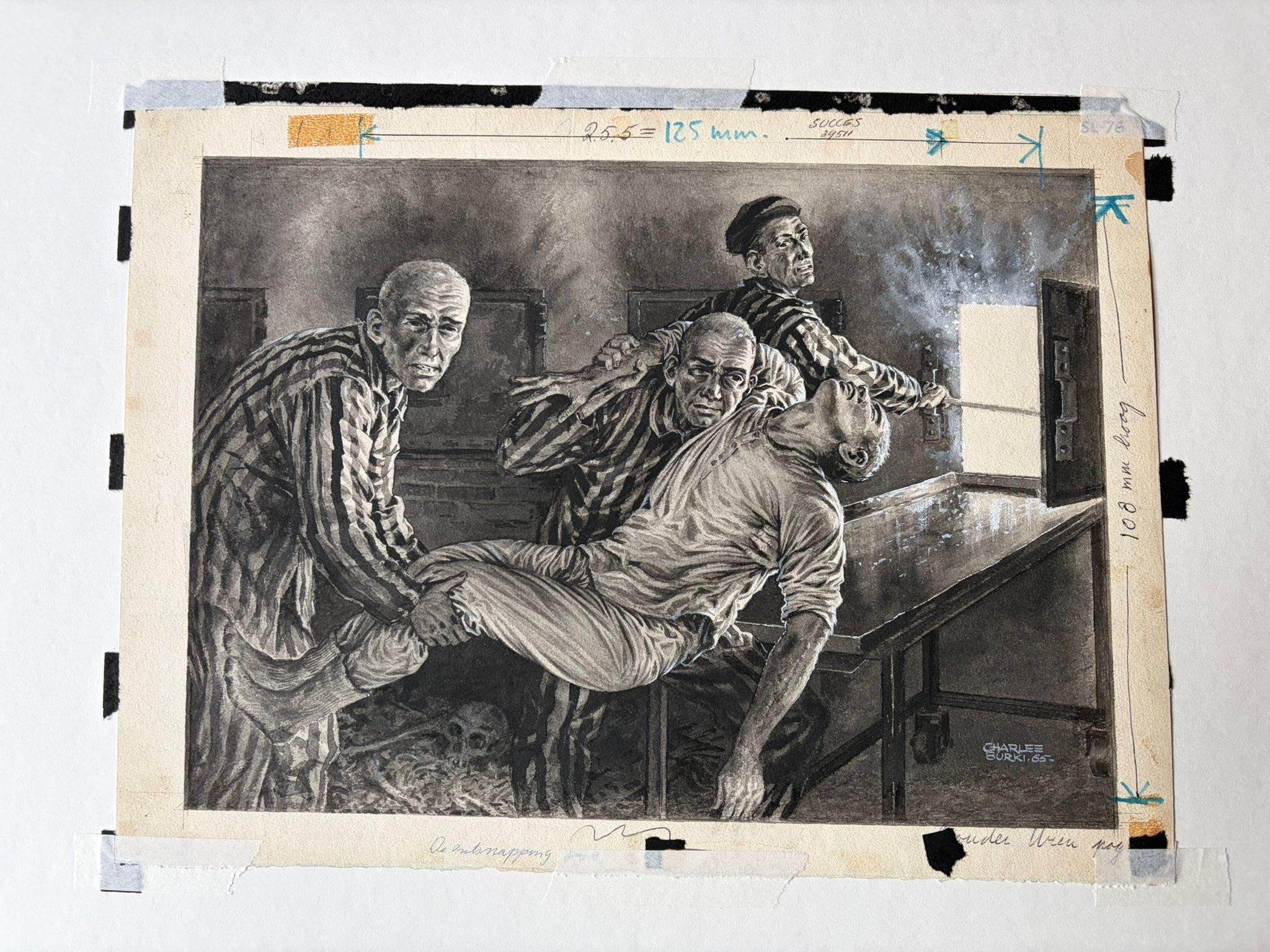 Carta Scena del campo di prigionia dell'Olocausto di Charles Burki, 1965 - Potente illustrazione di guerra in vendita