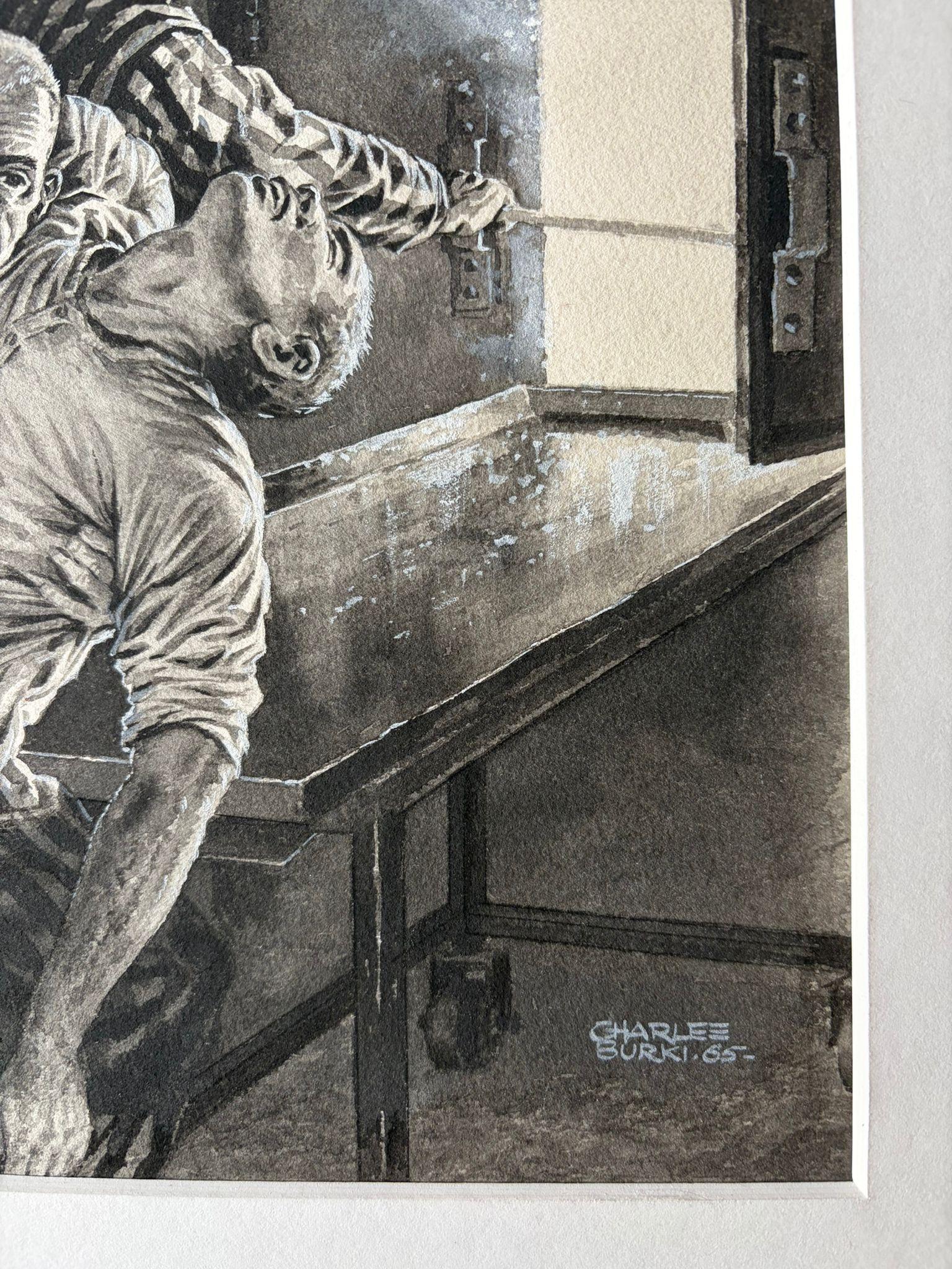 Scena del campo di prigionia dell'Olocausto di Charles Burki, 1965 - Potente illustrazione di guerra in vendita 1