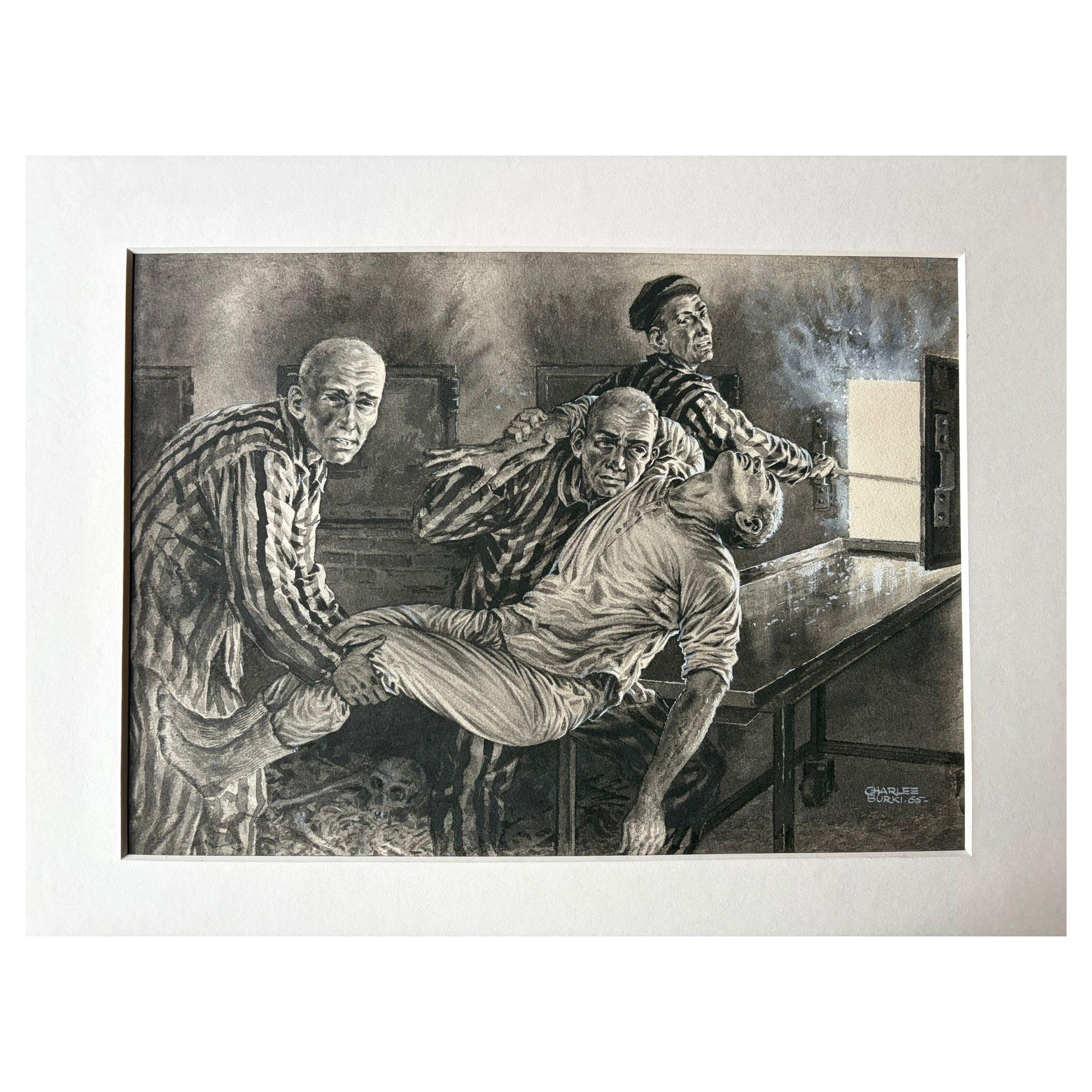 Holocaust-Gefangenenlager-Szene von Charles Burki, 1965 - Kraftvolle Kriegsillustration