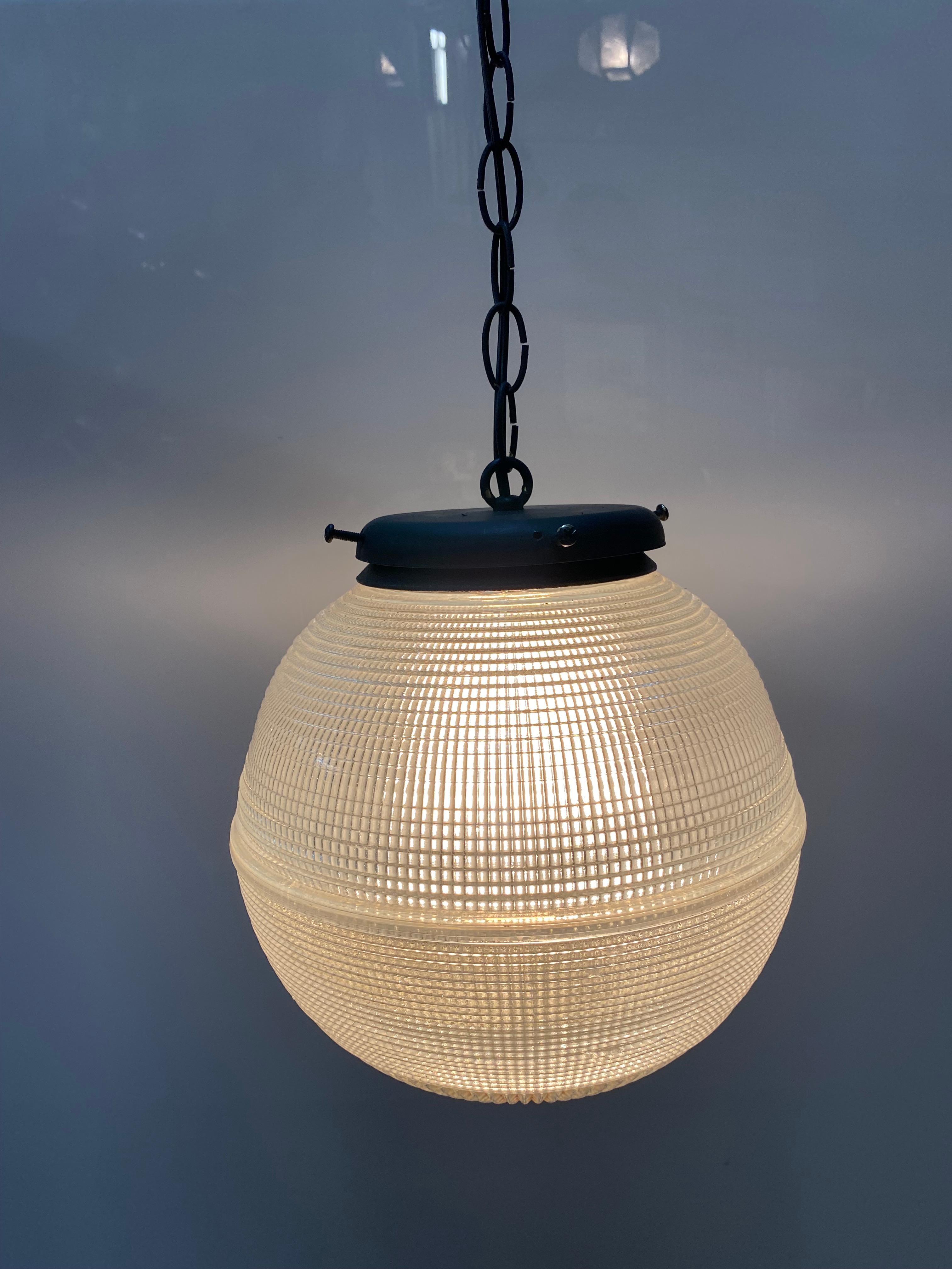 Industrial Holophane Ball Ceiling Glass Globe Pendant Pair