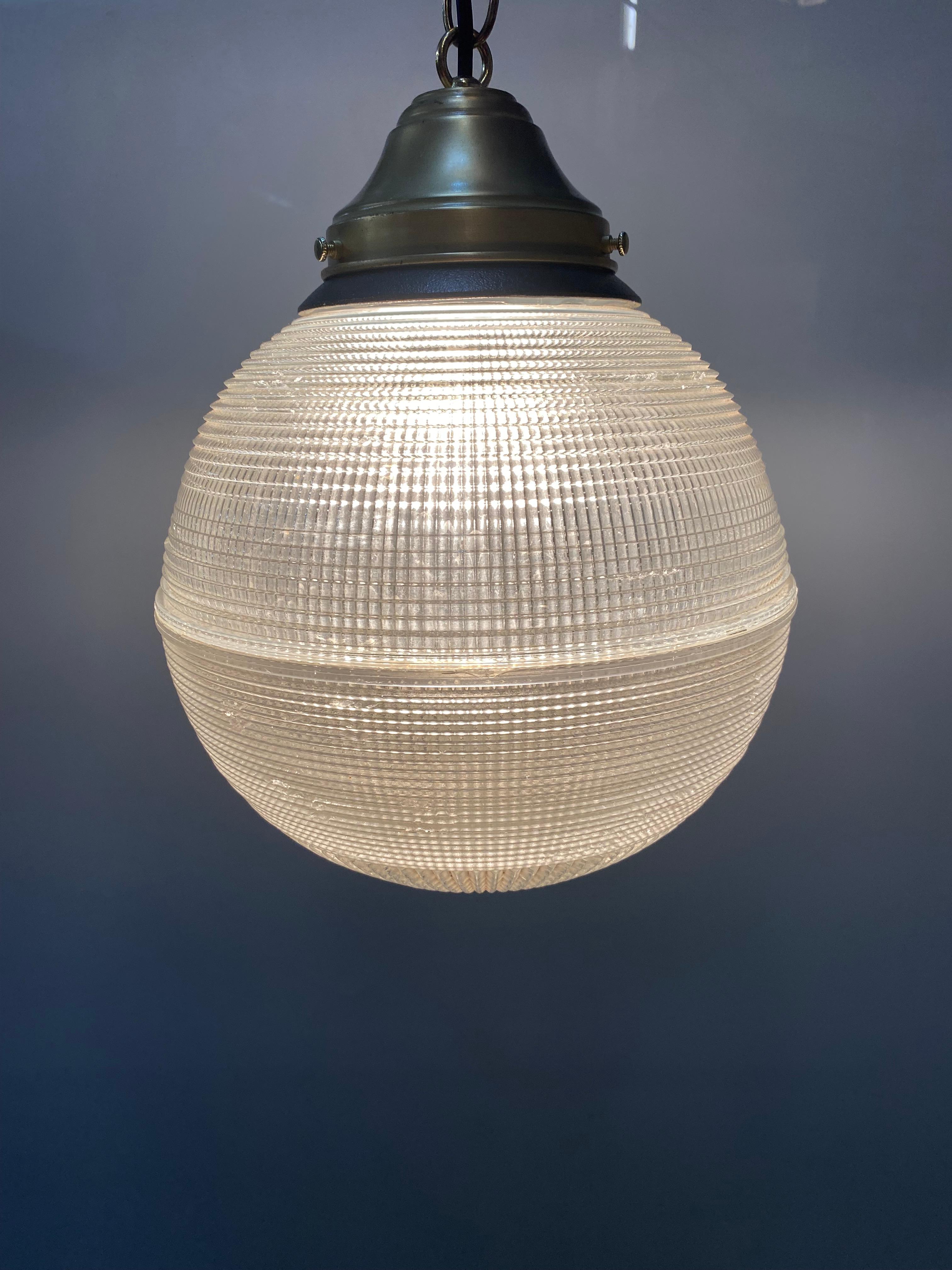 Holophane Ball Ceiling Glass Globe Pendant Pair In Good Condition In Van Nuys, CA