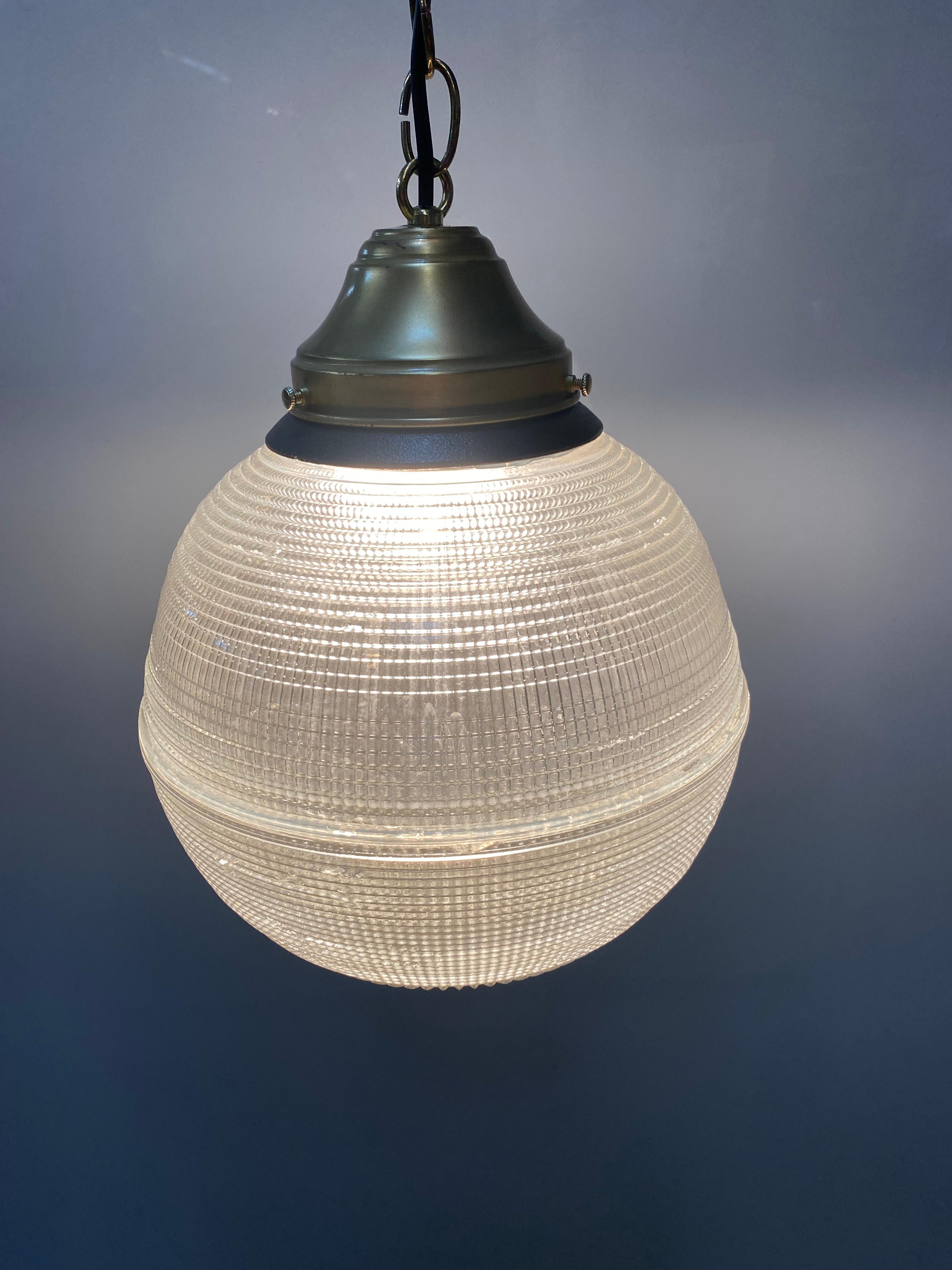 20th Century Holophane Ball Ceiling Glass Globe Pendant Pair For Sale