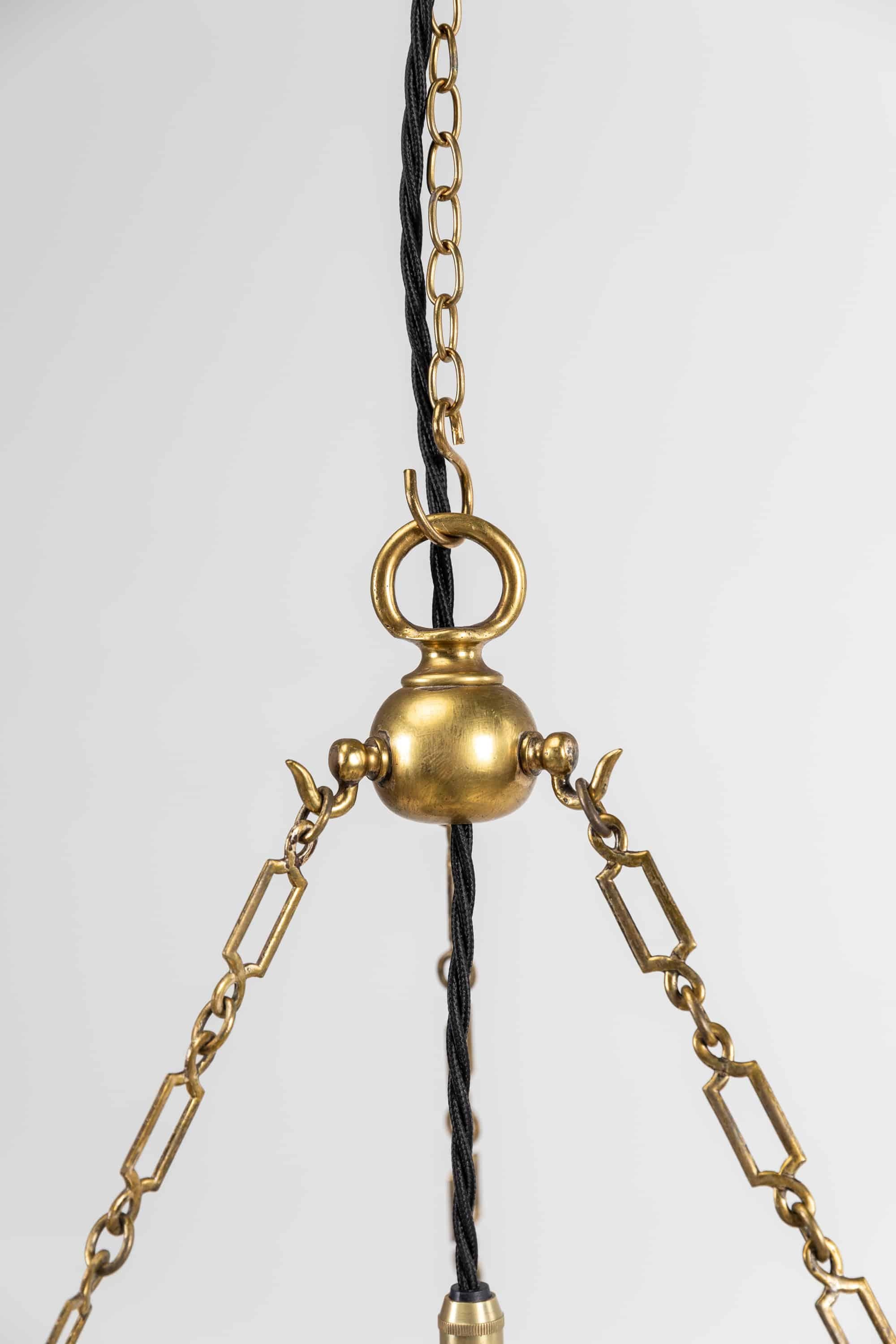 Brass Holophane 'Blondel Stiletto' Prismatic Glass Plafonnier Light Pendant, c.1910