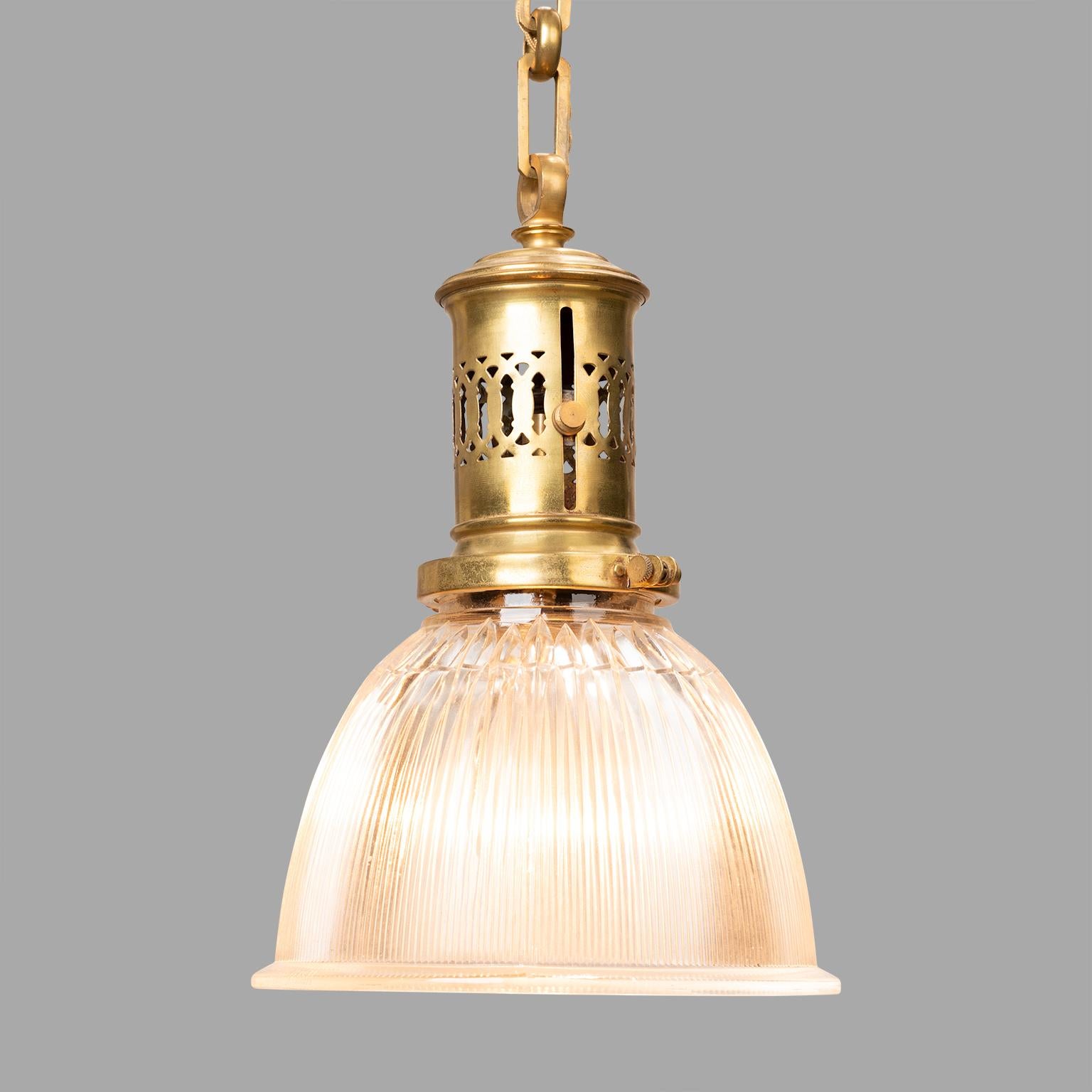 Industrial Holophane Brass Pendant, circa 1920 For Sale