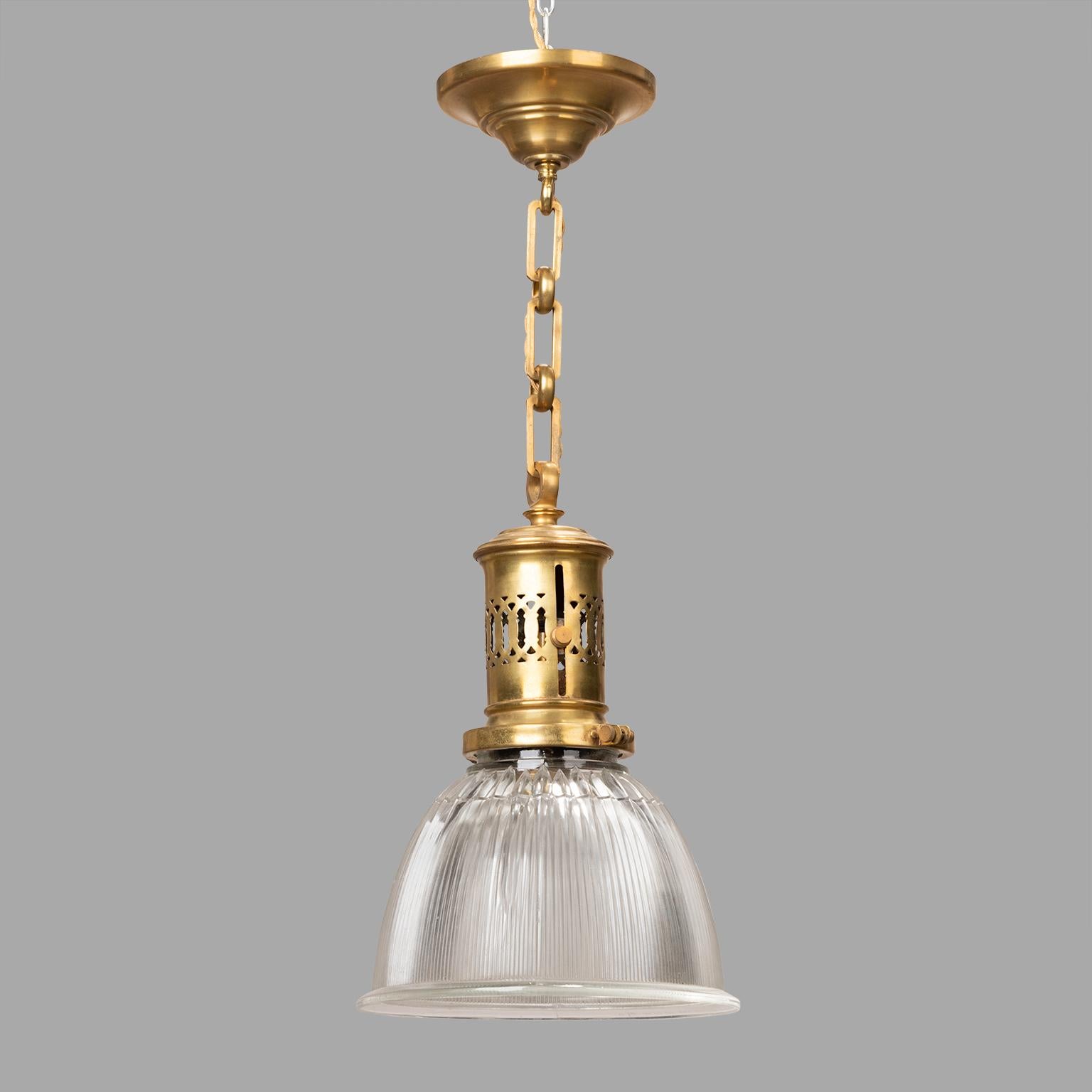 French Holophane Brass Pendant, circa 1920 For Sale