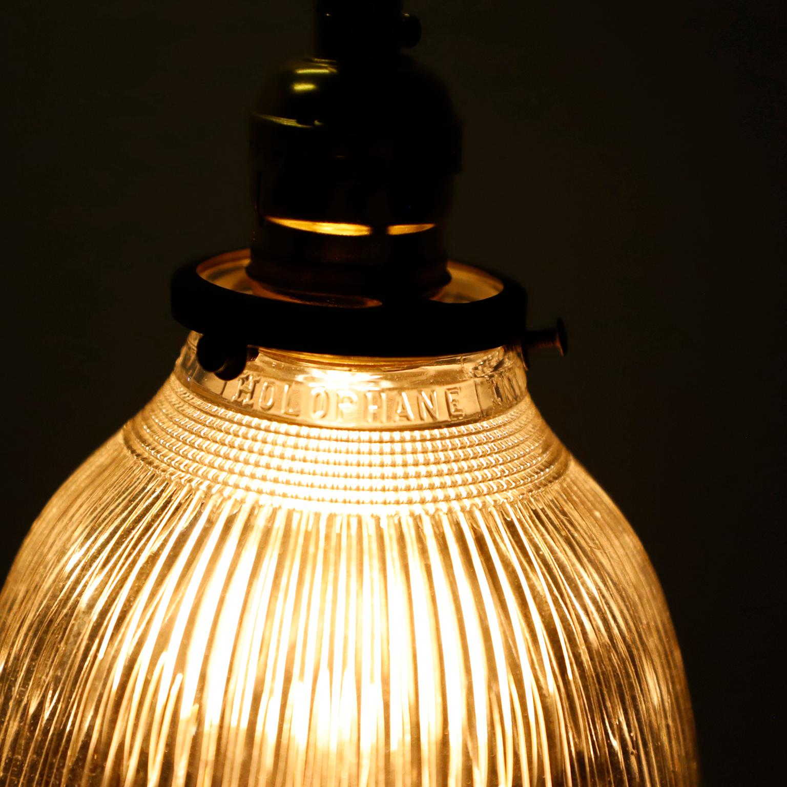 Mid-20th Century Holophane Clear Glass Vintage Industrial Pendant Light 12 For Sale