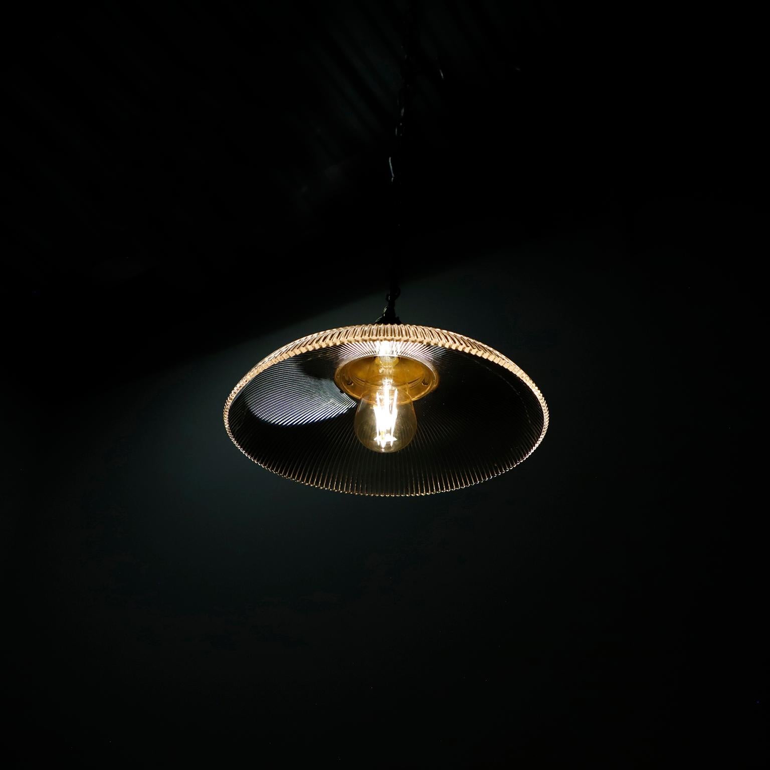 American Holophane Clear Glass Vintage Industrial Pendant Light For Sale