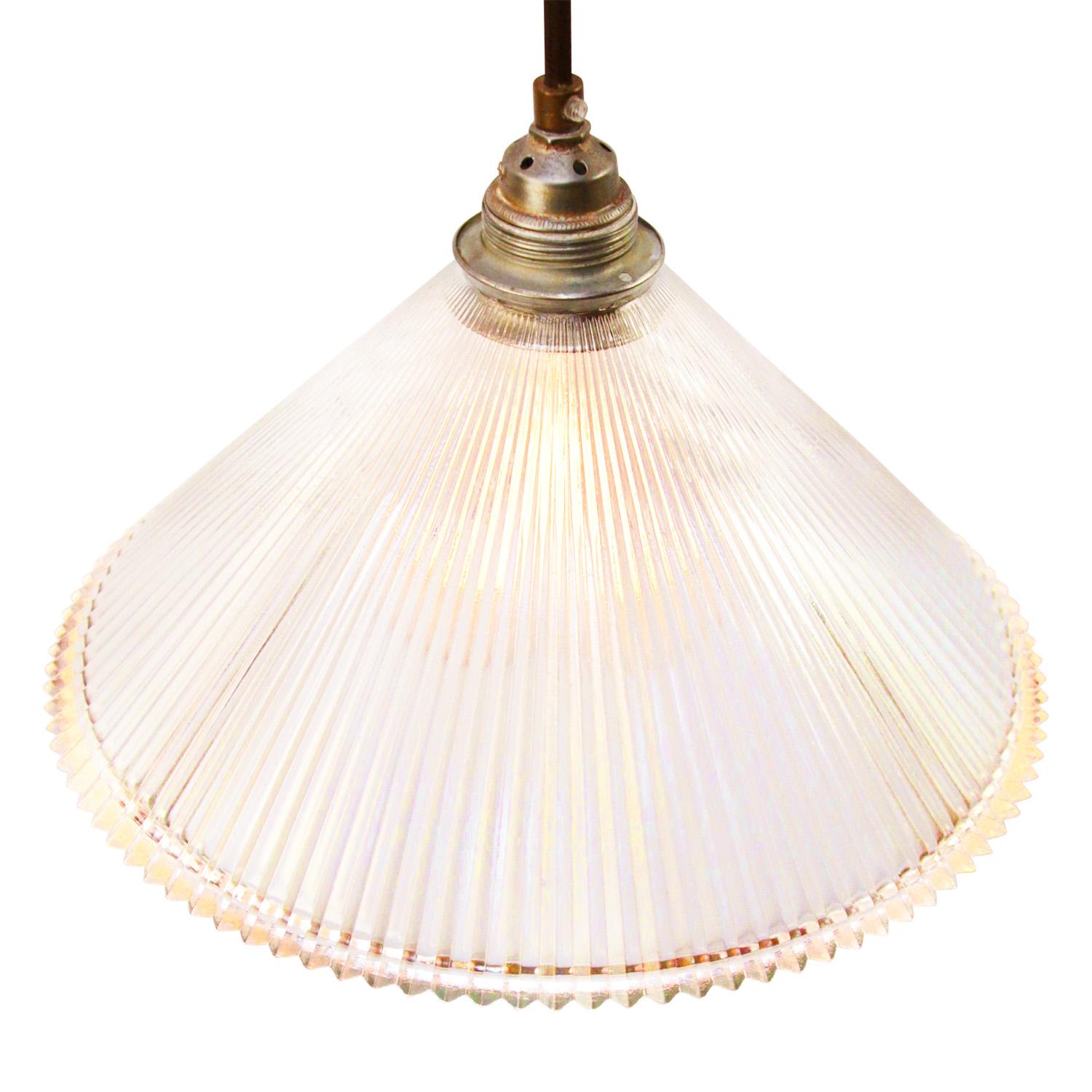 French Holophane Clear Glass Vintage Industrial Pendant Lights For Sale