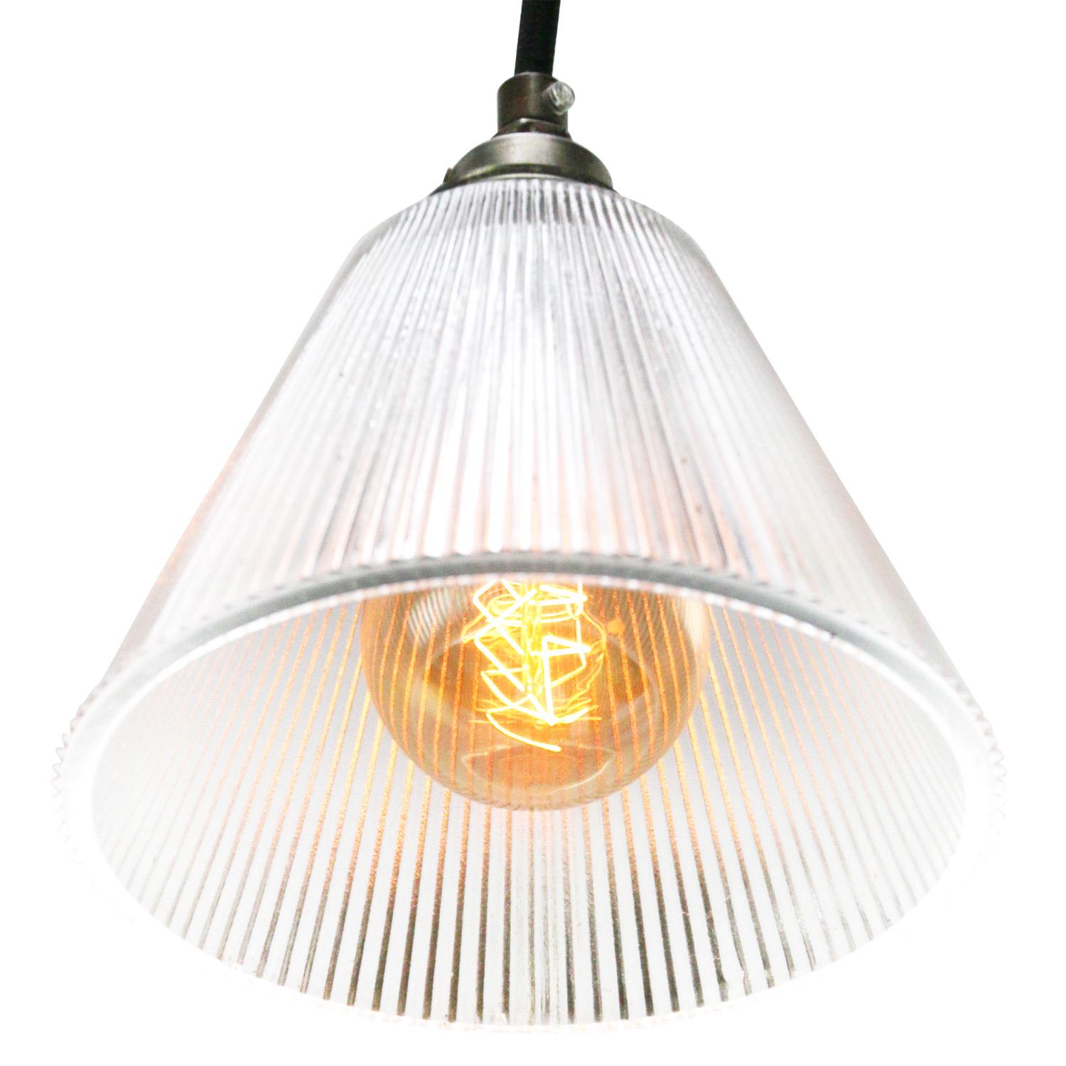 French Holophane Clear Glass Vintage Industrial Pendant Lights For Sale