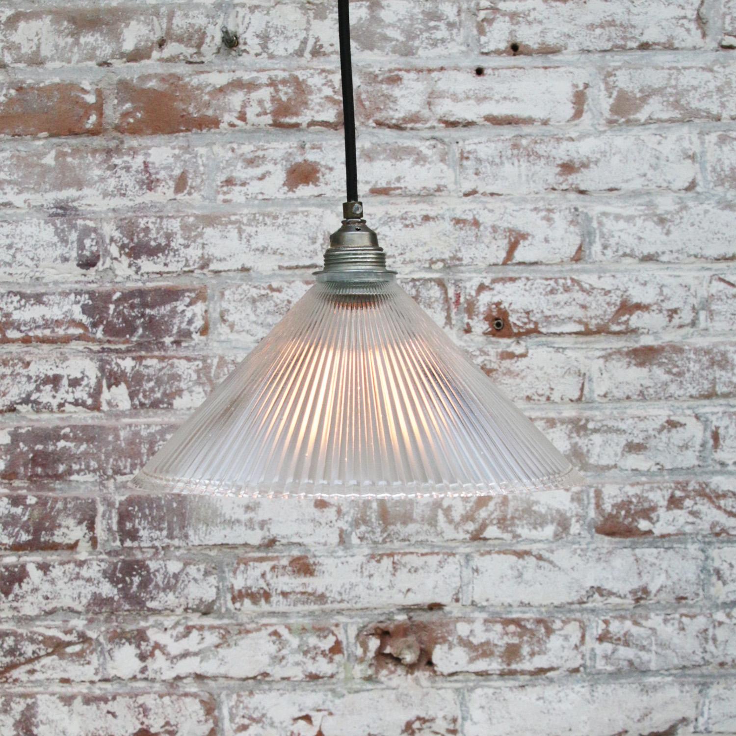 Holophane Clear Glass Vintage Industrial Pendant Lights In Good Condition For Sale In Amsterdam, NL