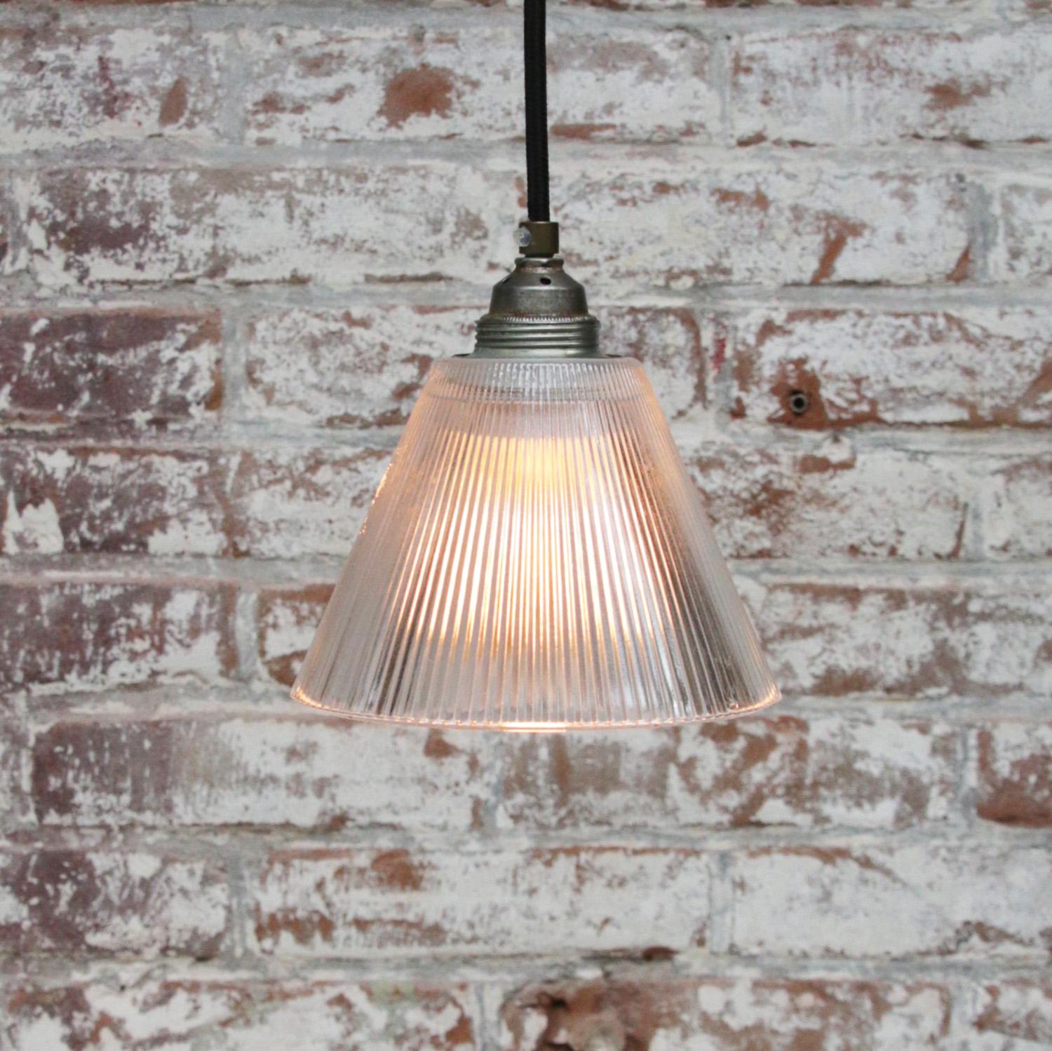 Holophane Clear Glass Vintage Industrial Pendant Lights In Good Condition For Sale In Amsterdam, NL