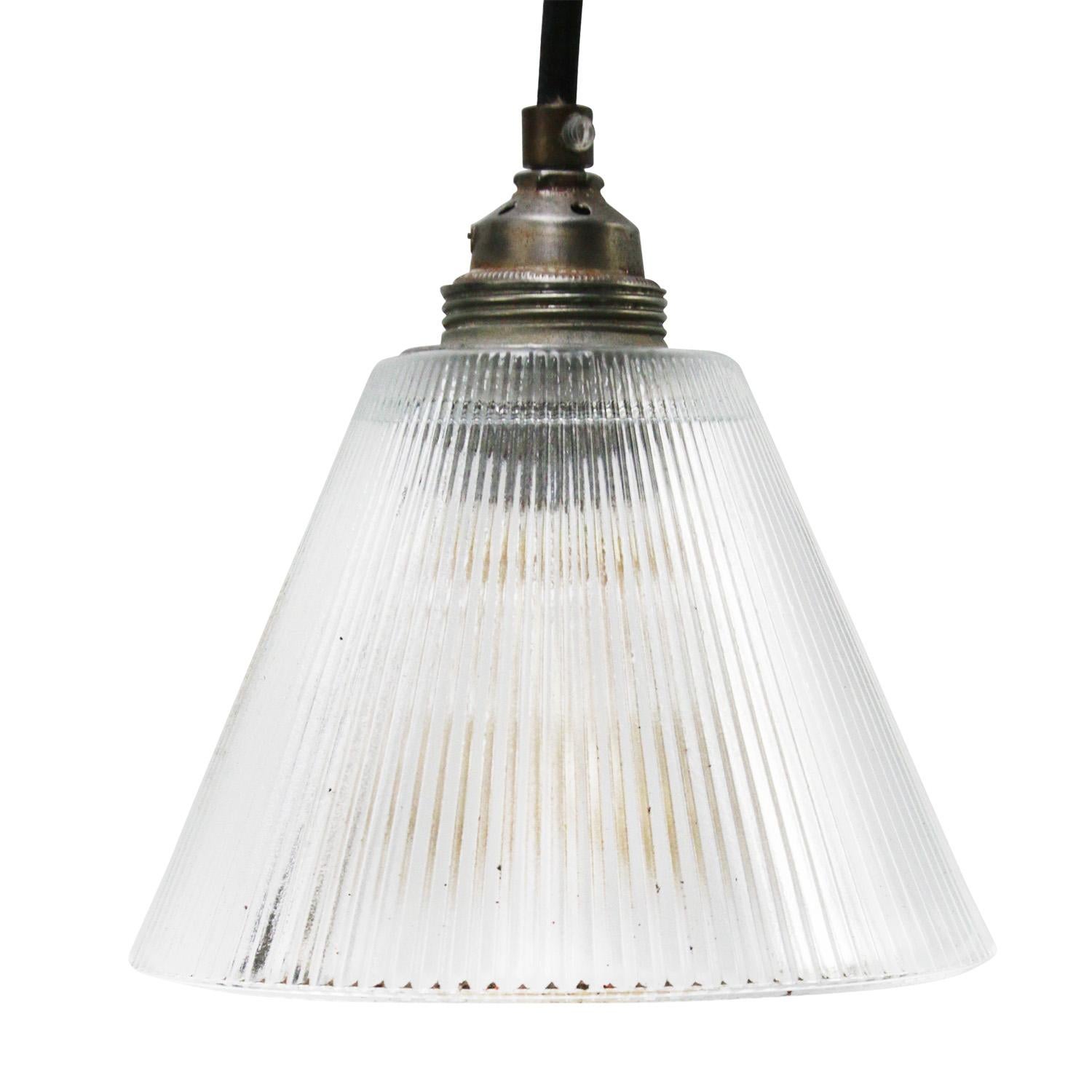 20th Century Holophane Clear Glass Vintage Industrial Pendant Lights For Sale