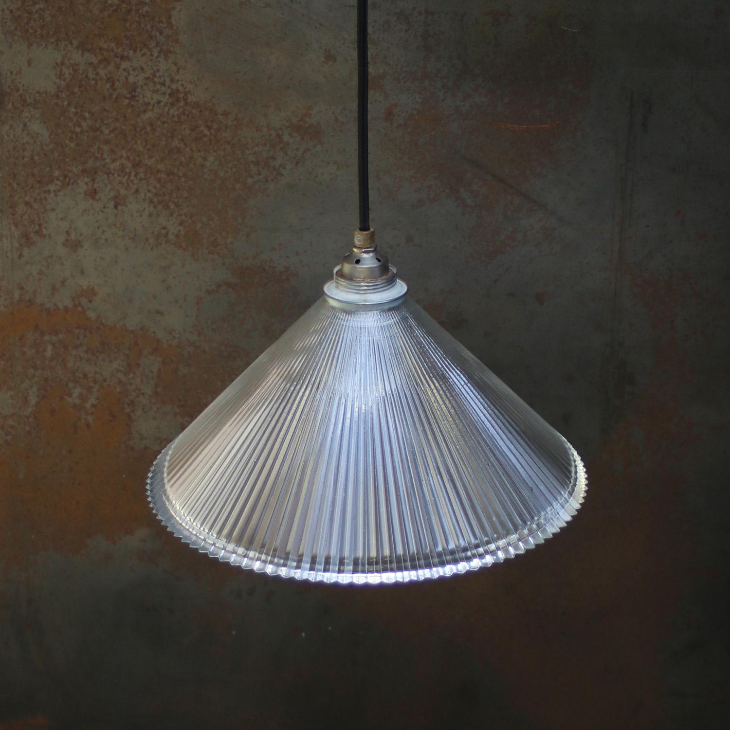 Metal Holophane Clear Glass Vintage Industrial Pendant Lights For Sale