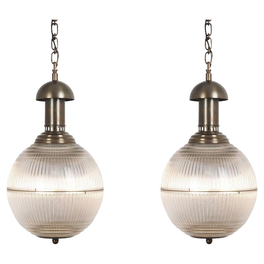 Holophane Glass Pair Pendants, Italy, 1940s