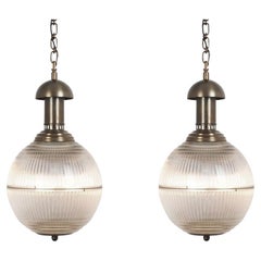 Holophane Glass Pair Pendants, Italy, 1940s