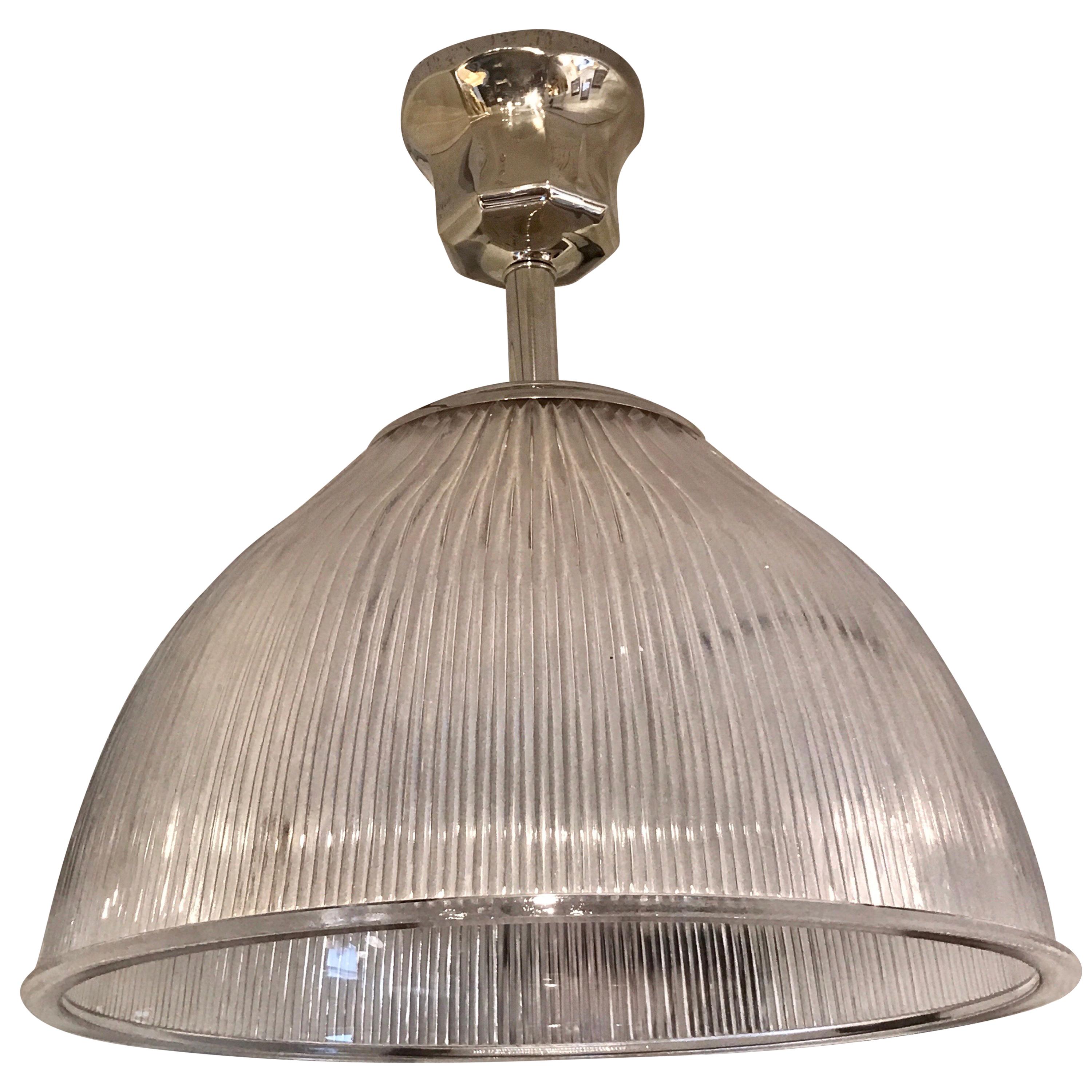 Holophane Glass Pendant with Polished Nickel Mounts For Sale