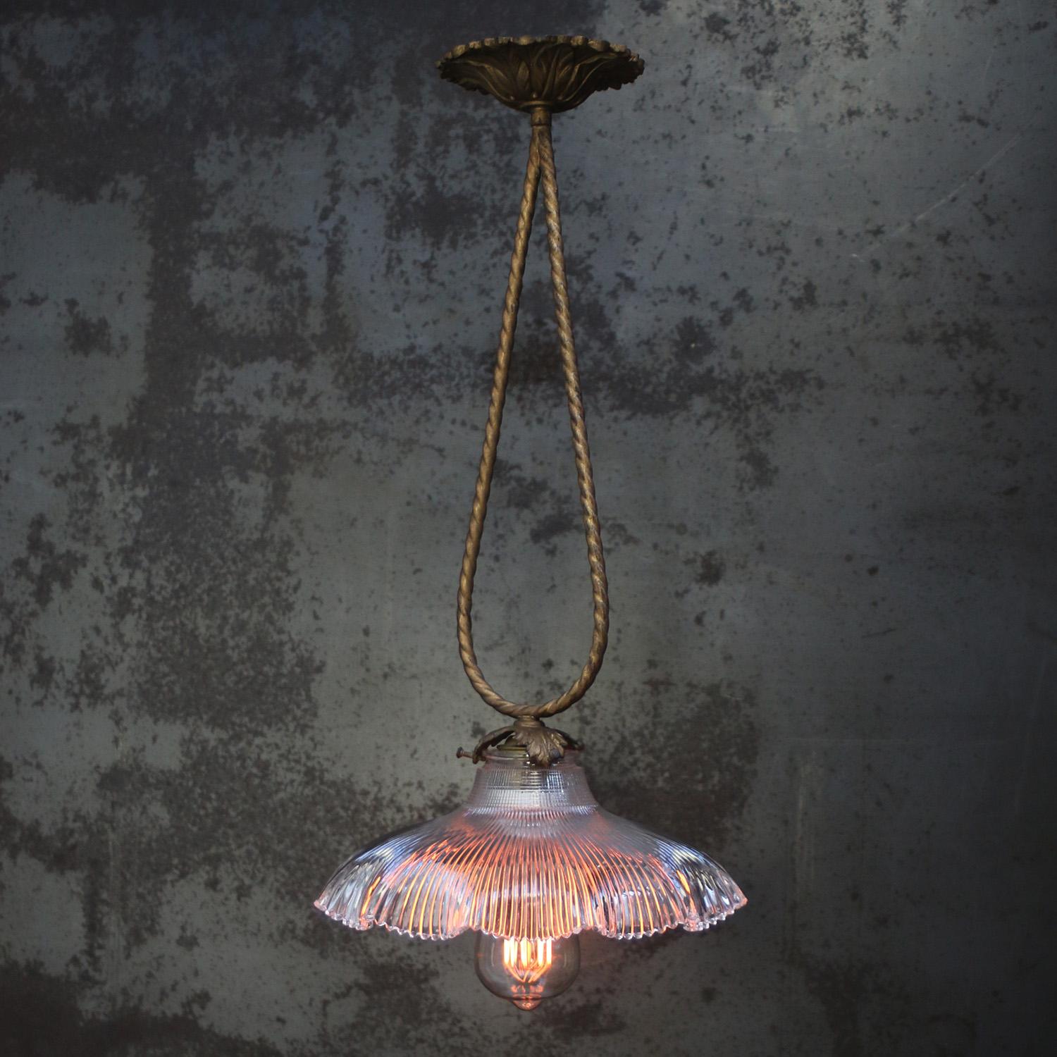 Art Nouveau Holophane Glass Vintage Brass Pendant Light