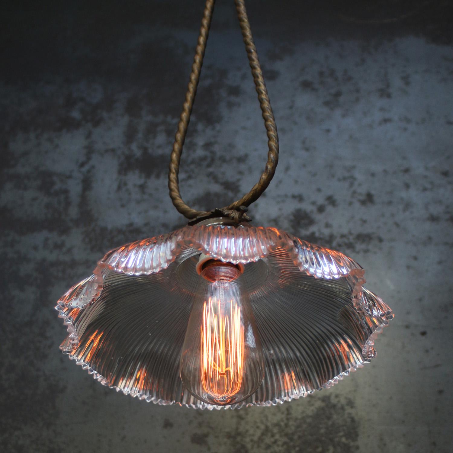 French Holophane Glass Vintage Brass Pendant Light