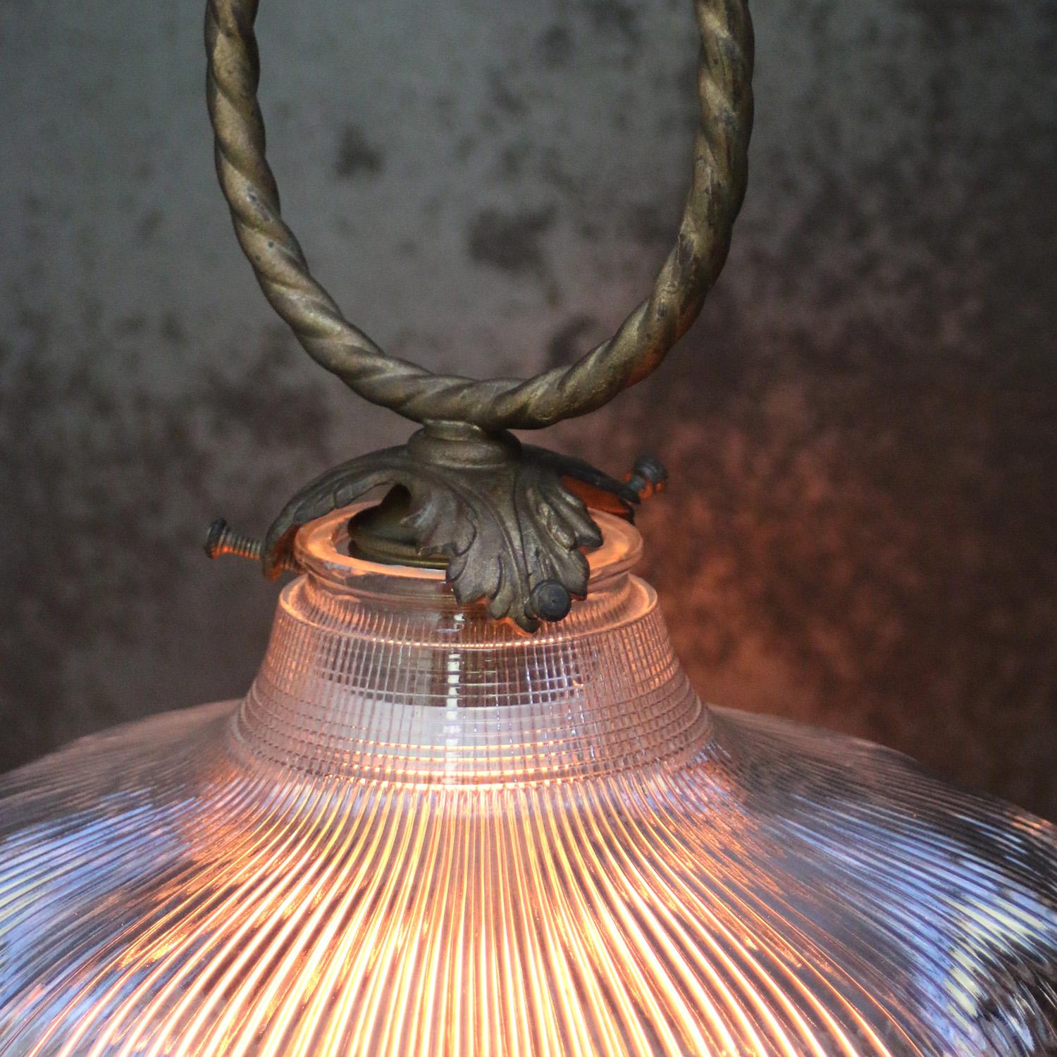 Holophane Glass Vintage Brass Pendant Light In Good Condition In Amsterdam, NL